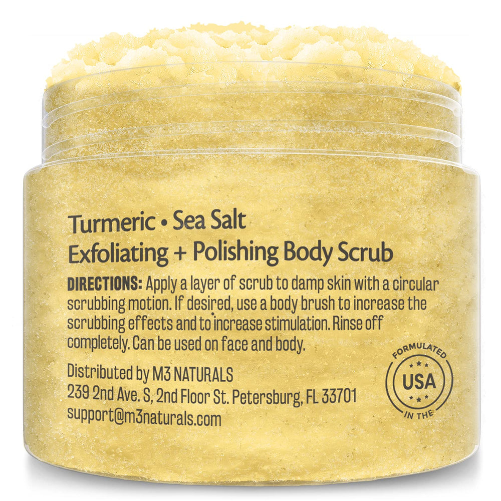 M3 Naturals close-up of sugar and salt granules illustrating effective physical exfoliation