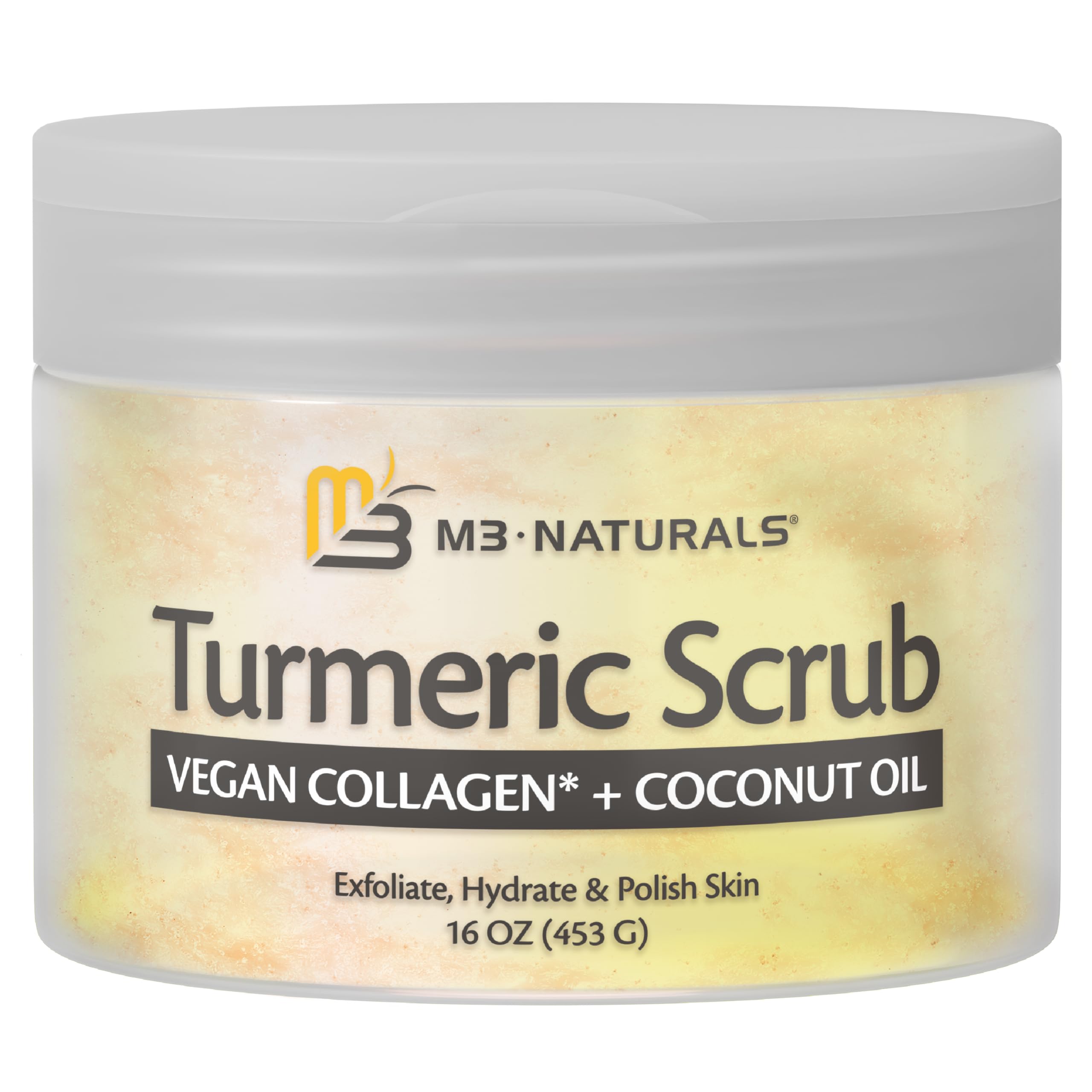 M3 Naturals open jar revealing golden turmeric scrub that signals nourishing, exfoliating benefits