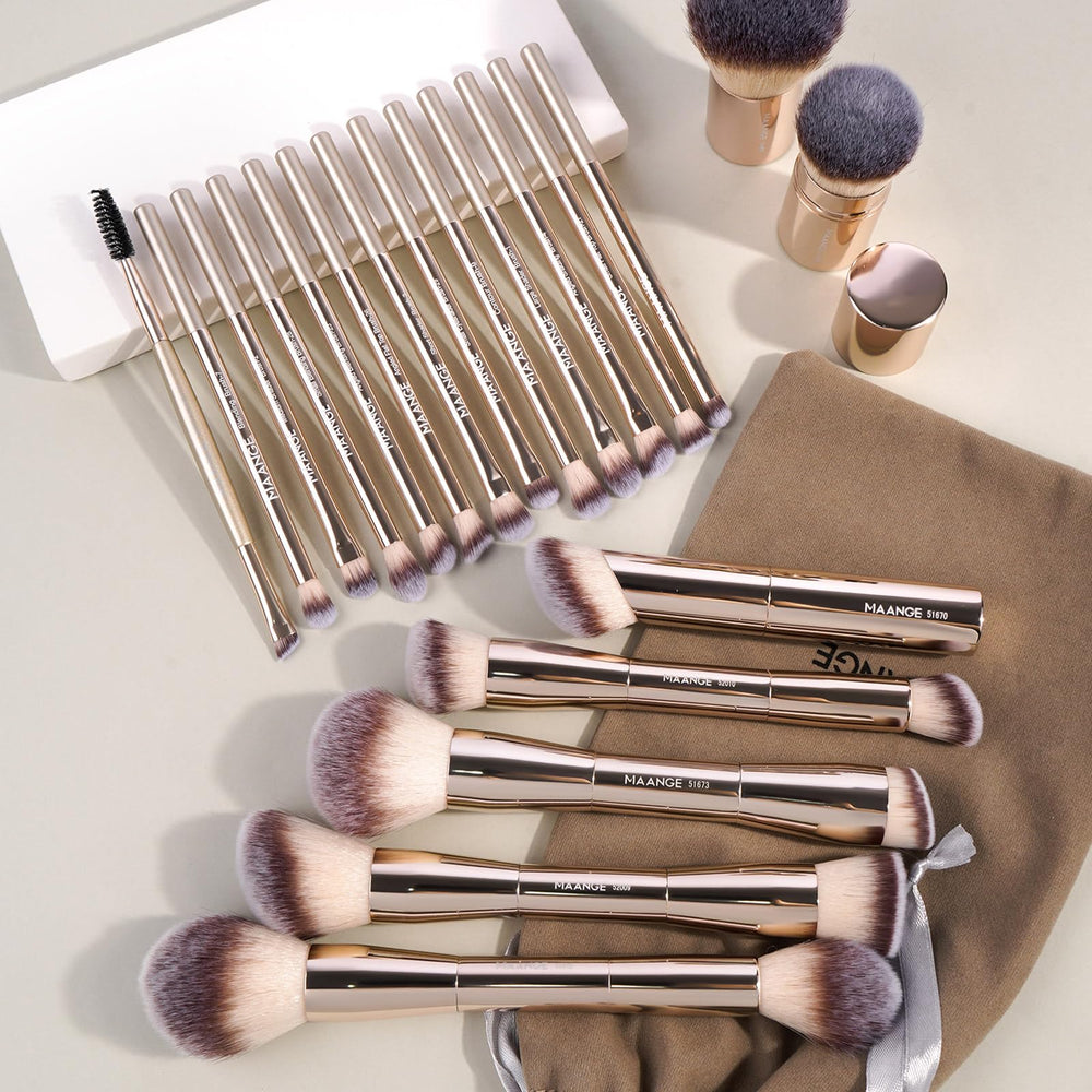 MAANGE brushes inside velvet pouch demonstrating compact travel protection