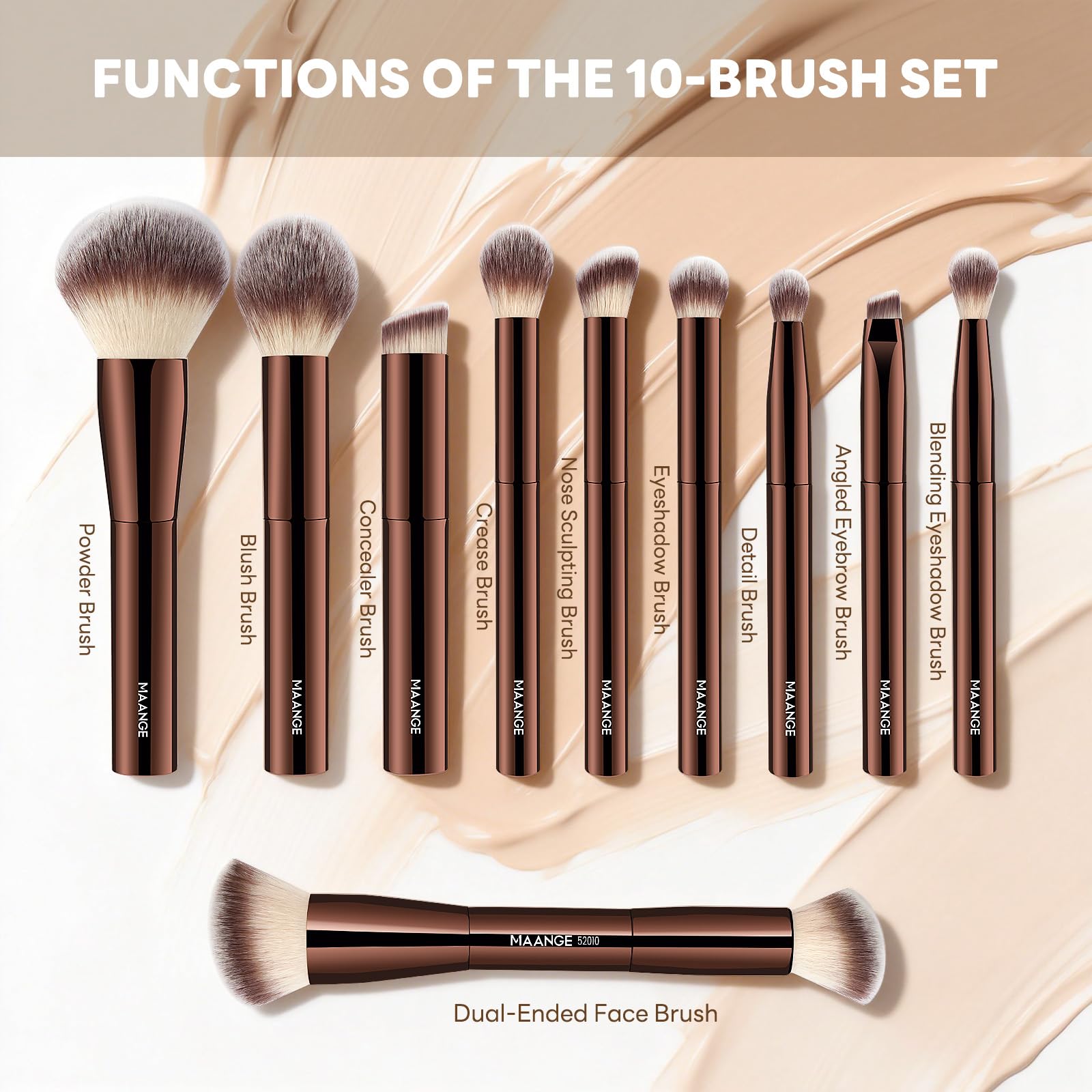 MAANGE brushes laid out to show full 10-piece variety, versatile application options