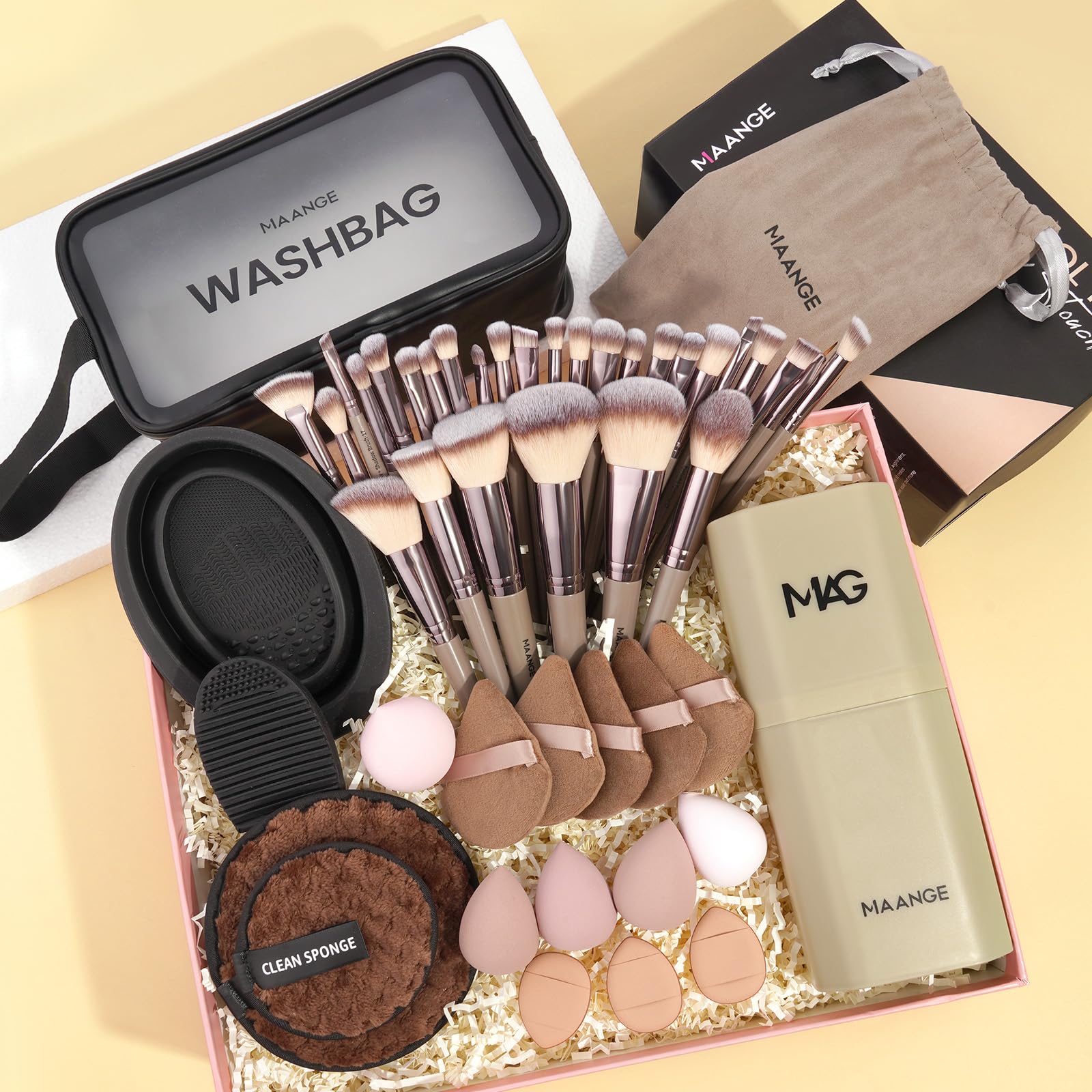 MAANGE full brush set laid out to display 30 brushes and accessories for variety