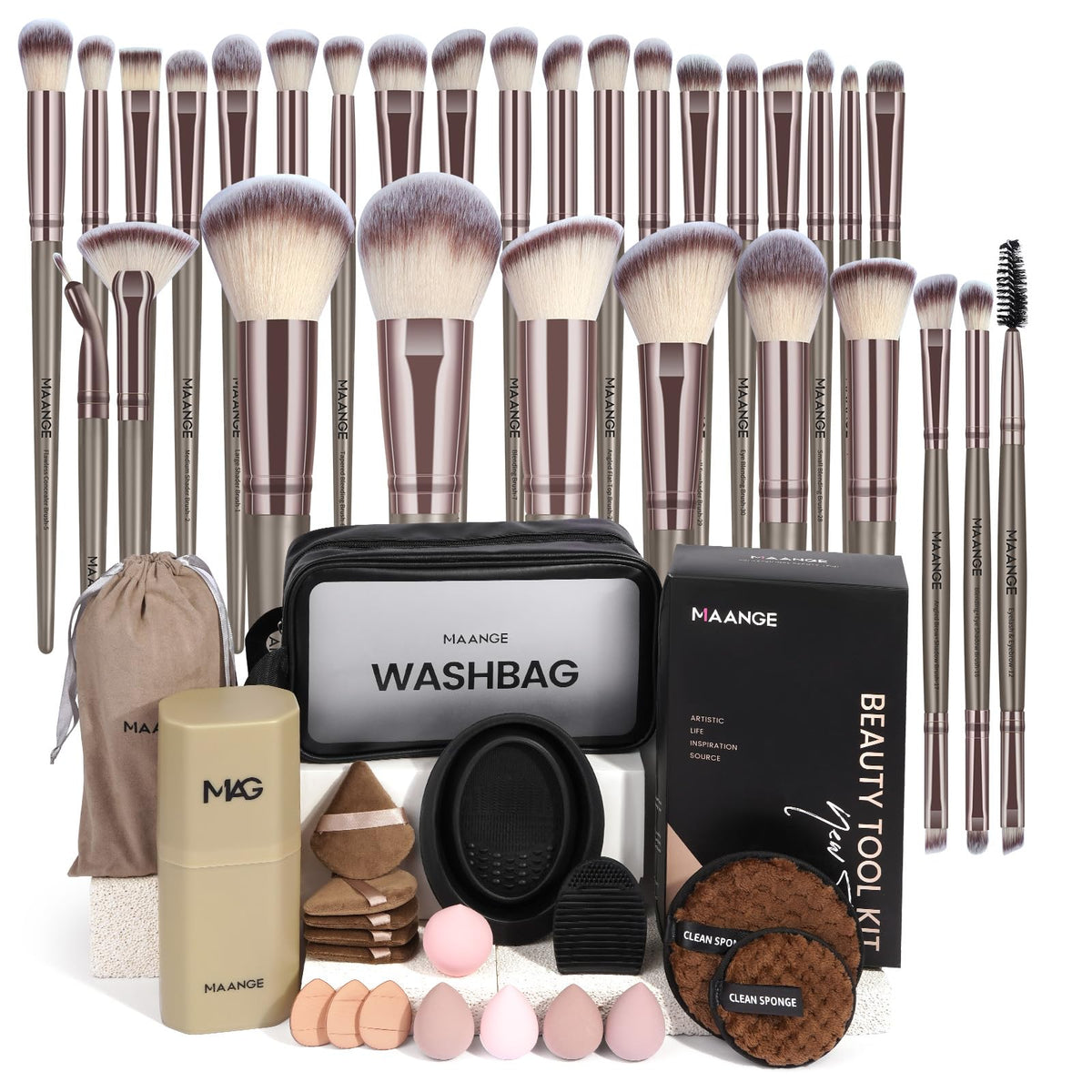 MAANGE front packaging showing full champagne kit and contents for easy selection