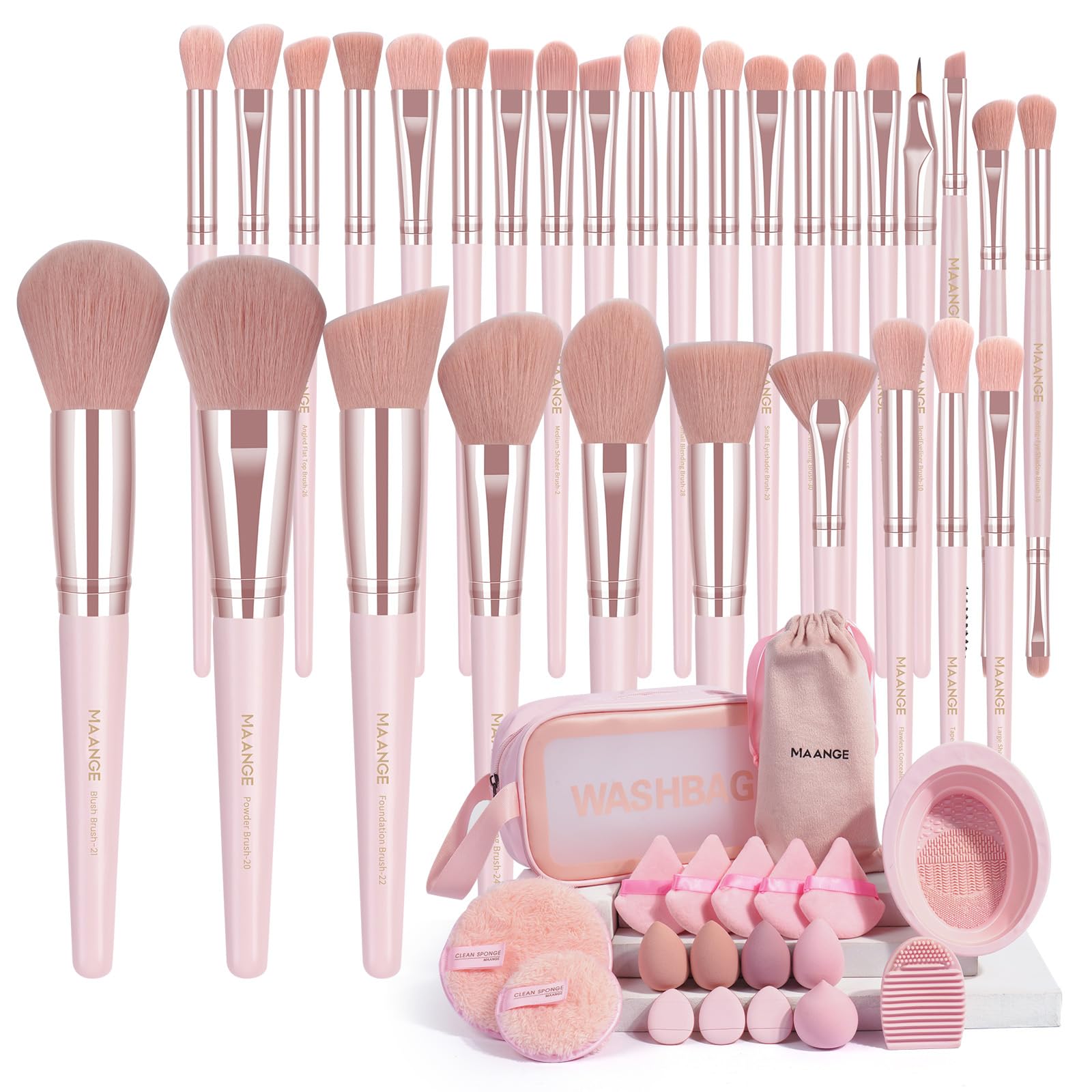 MAANGE pink brush set front view showing complete kit and organization benefit