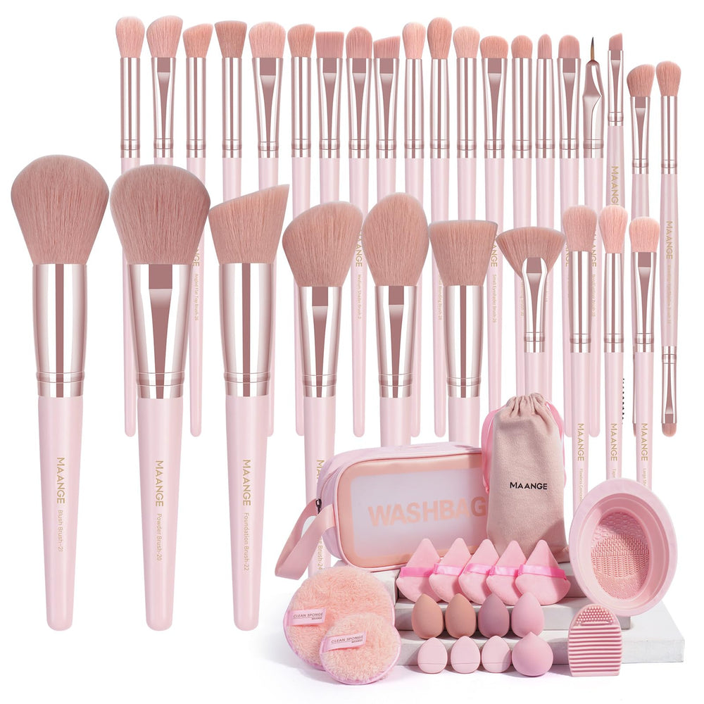 MAANGE pink brush set front view showing complete kit and organization benefit