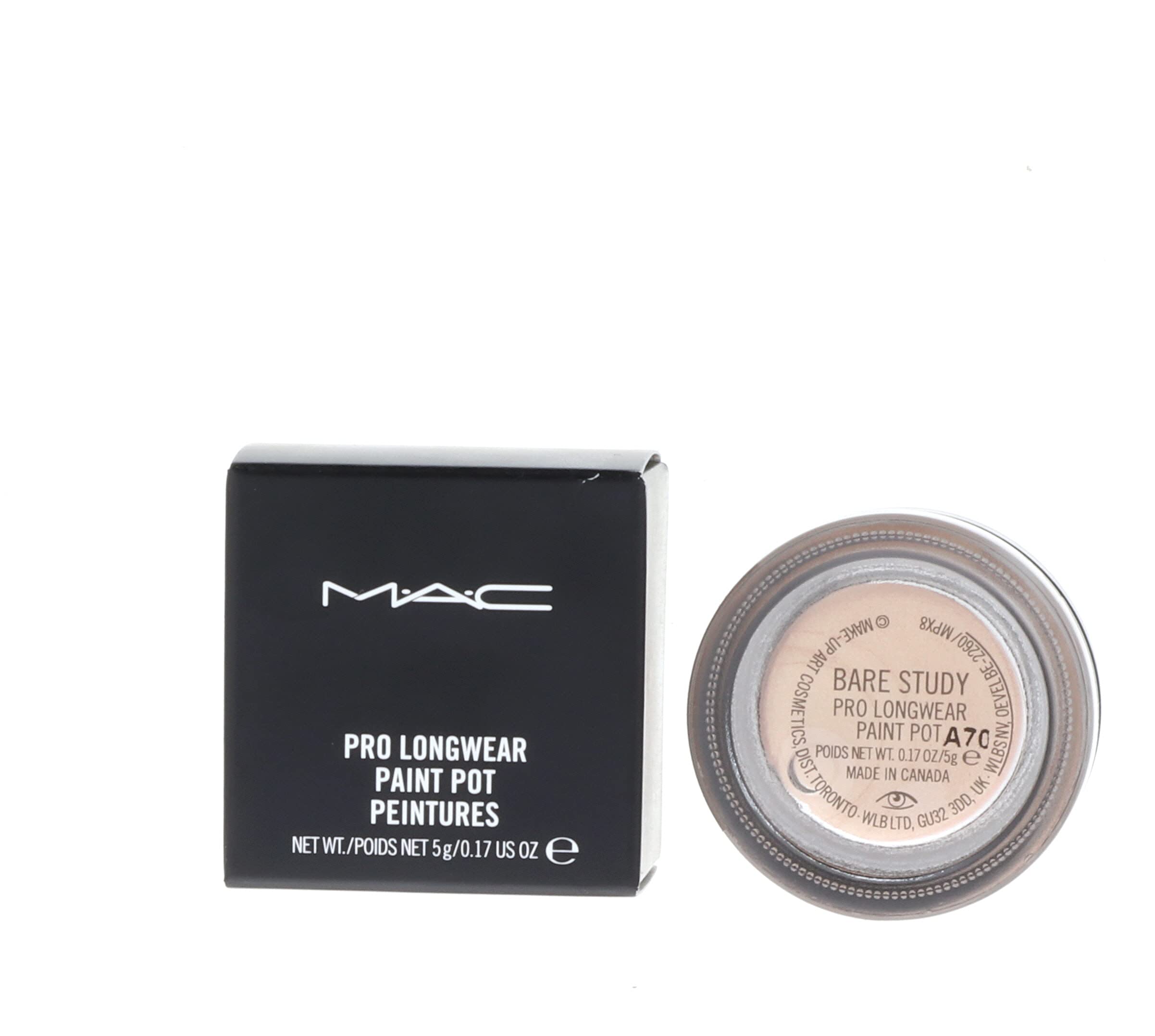 MAC bare study front jar showing compact cream eyeshadow, easy application benefit