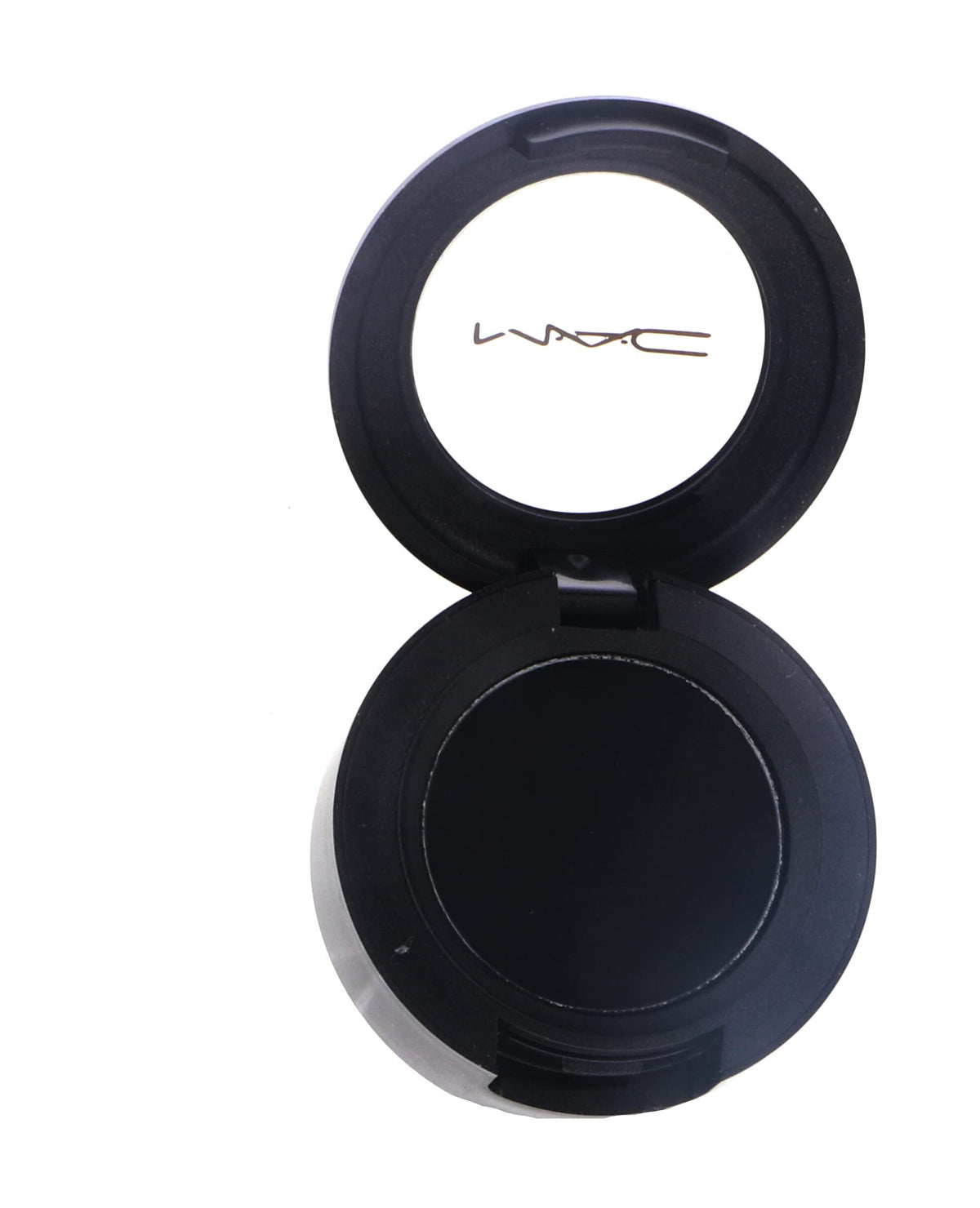 MAC Eye Shadow Carbon front pan showing deep matte black shade and brand label benefit
