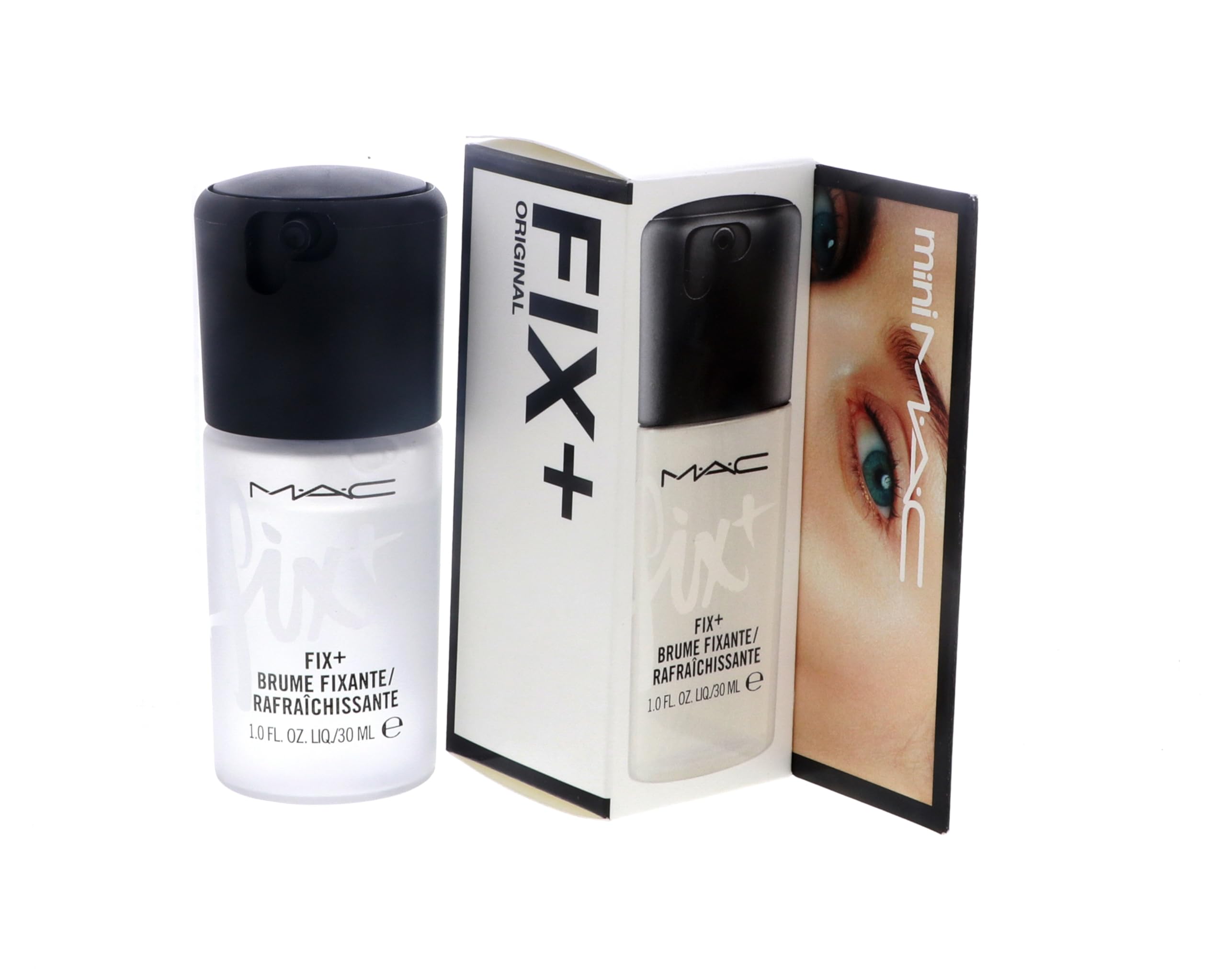 MAC Prep + Prime Fix+ beside everyday items showing compact travel-ready size