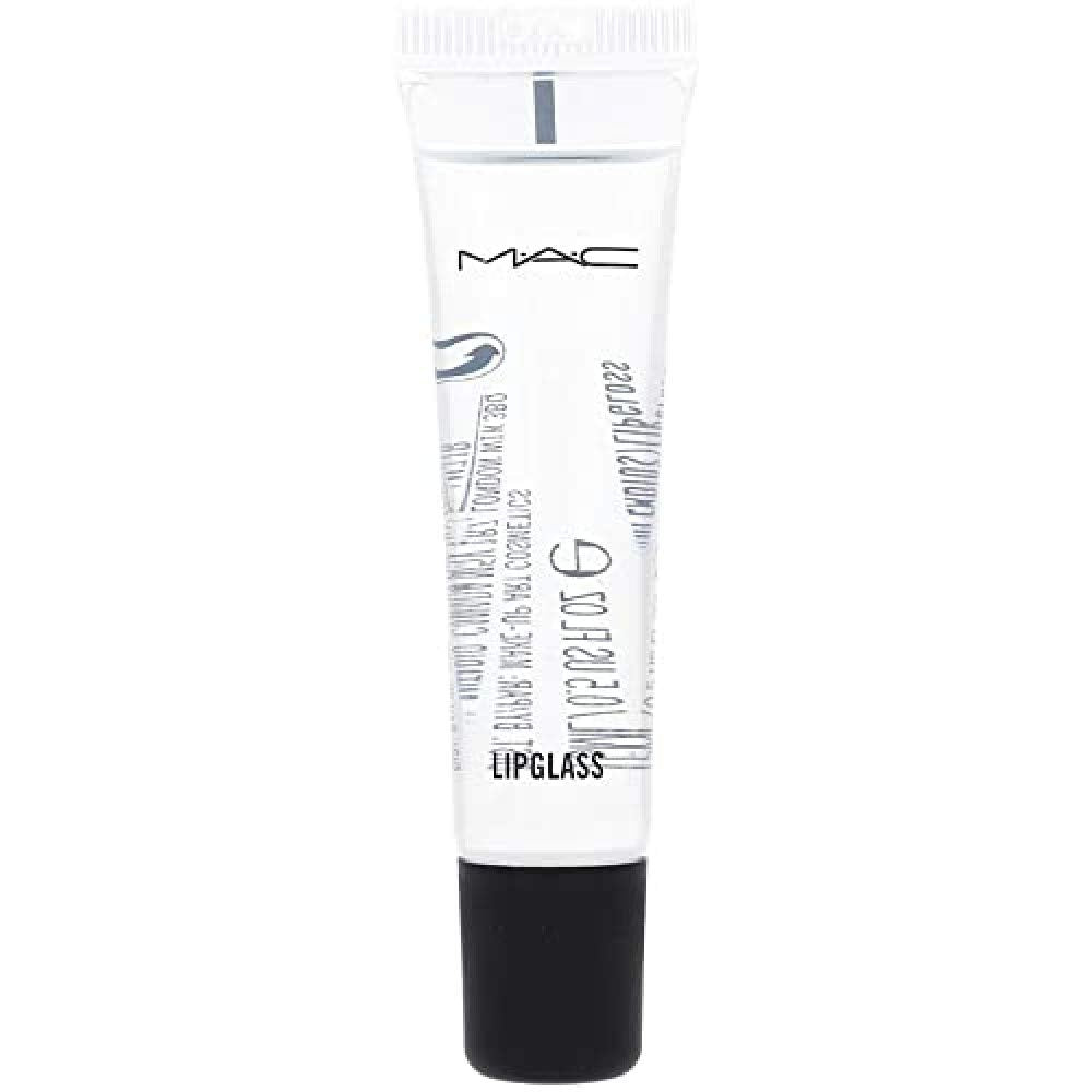 MAC Lipglass clear tube front view shows glossy finish benefit