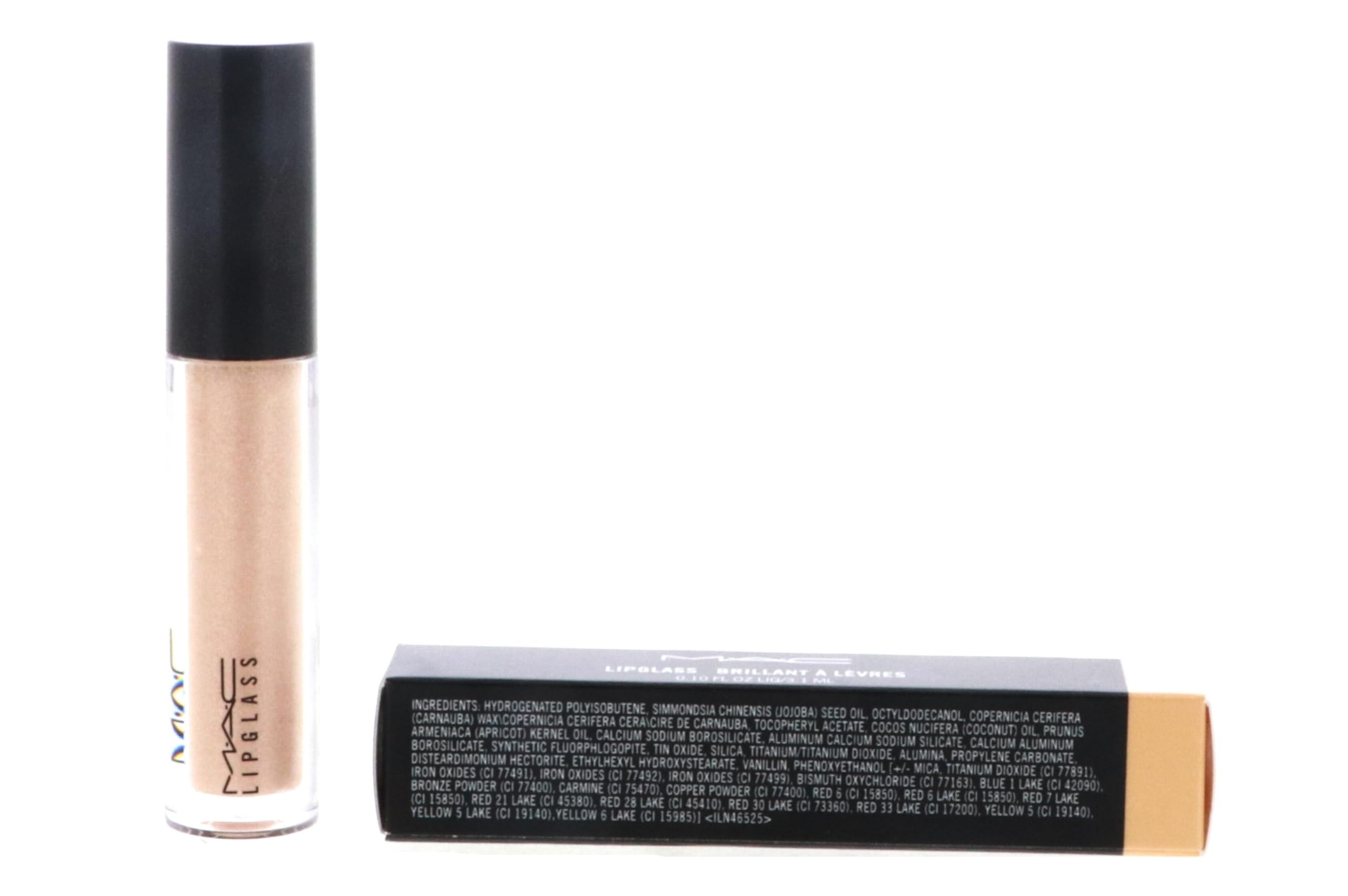 MAC Lipglass swatch on forearm demonstrates sheer peachy-nude color and shine