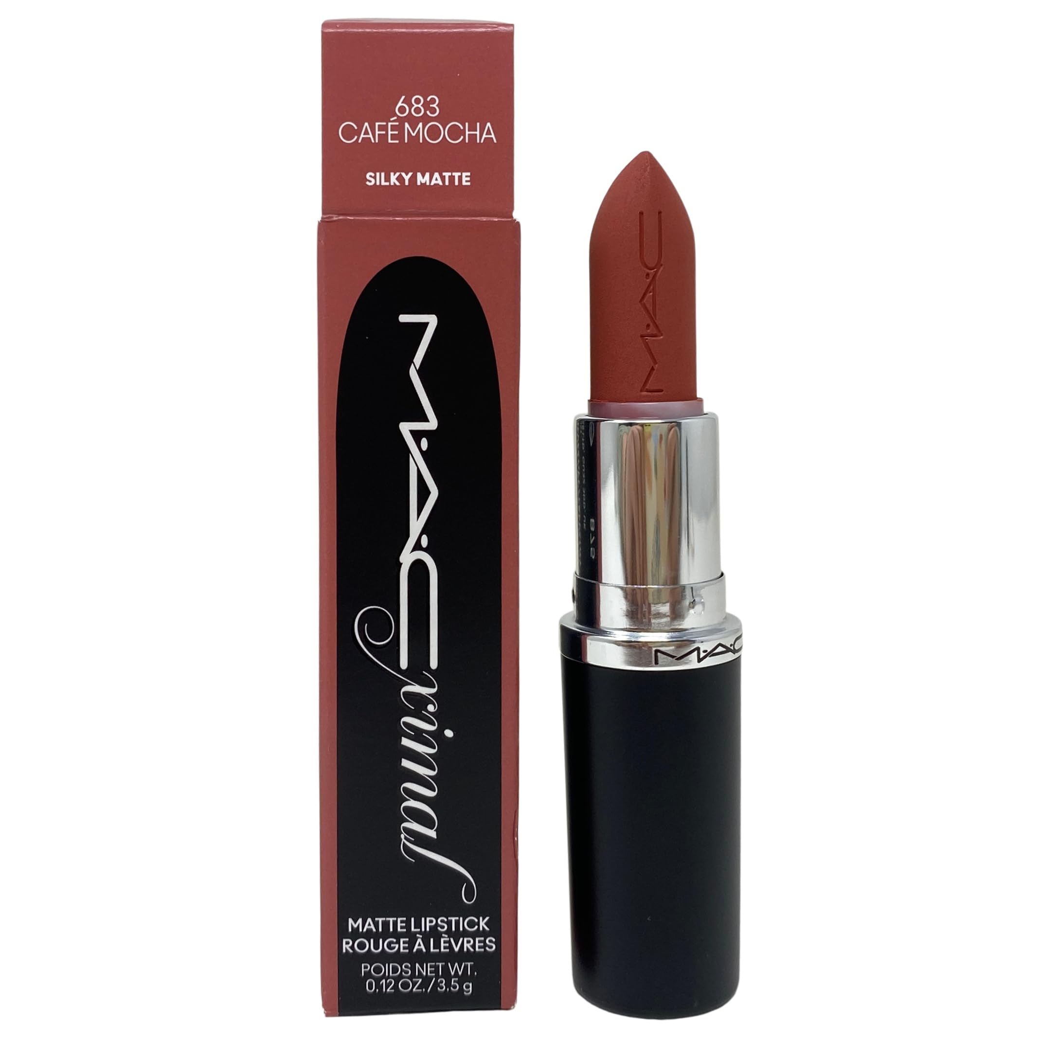 MAC M.A.Cximal Matte Lipstick front packaging showing shade and benefit