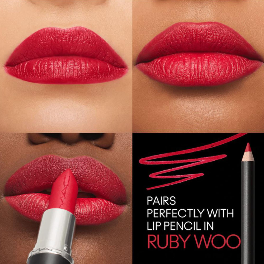 MAC swatch on arm showing true Ruby Woo pigment and coverage