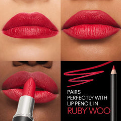 MAC swatch on arm showing true Ruby Woo pigment and coverage