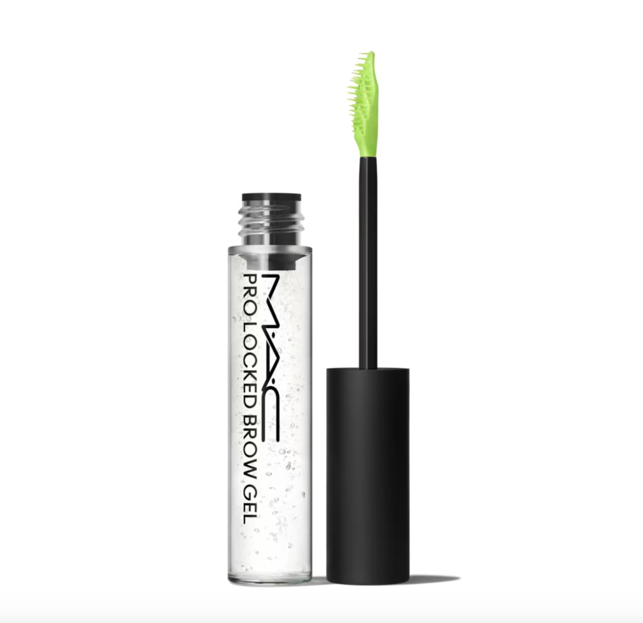 MAC Pro Locked Brow Gel clear tube front view showing compact packaging and brand