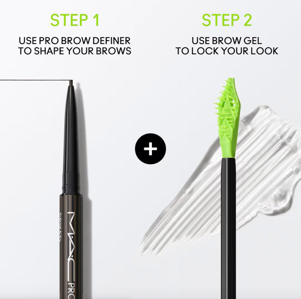 MAC Pro Locked Brow Gel in a makeup bag lifestyle scene showing on-the-go reliability