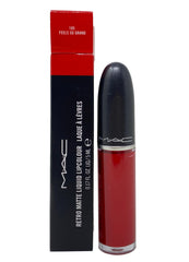 MAC front packaging of Retro Matte Liquid Lipcolour showing shade and benefit of rich pigment