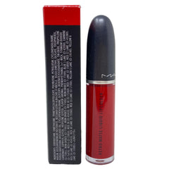 MAC model wearing Feels So Grand showing bold true-red shade and long-lasting confidence benefit