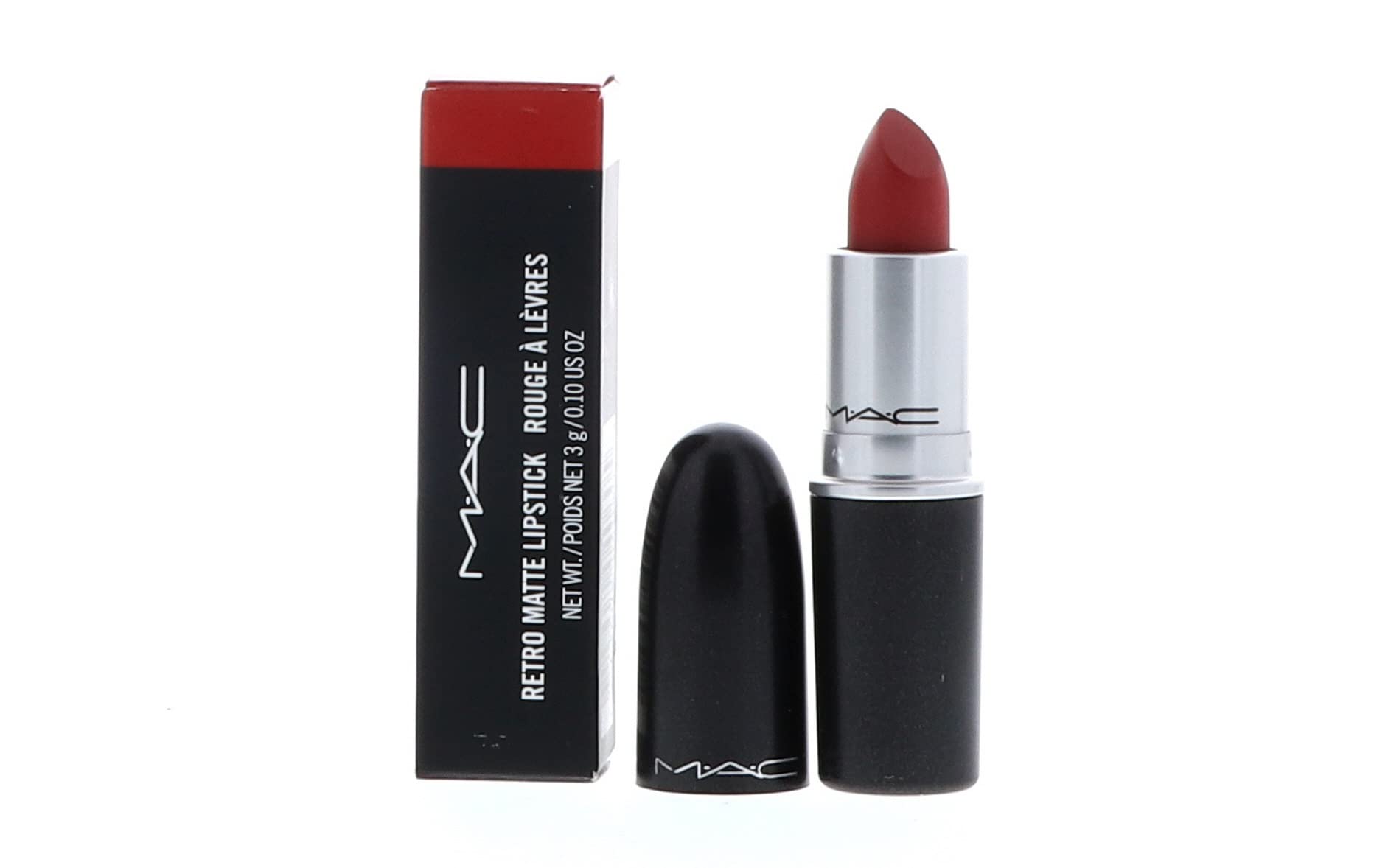 MAC Ruby Woo front packaging showing classic bullet and brand identity, bold color preview