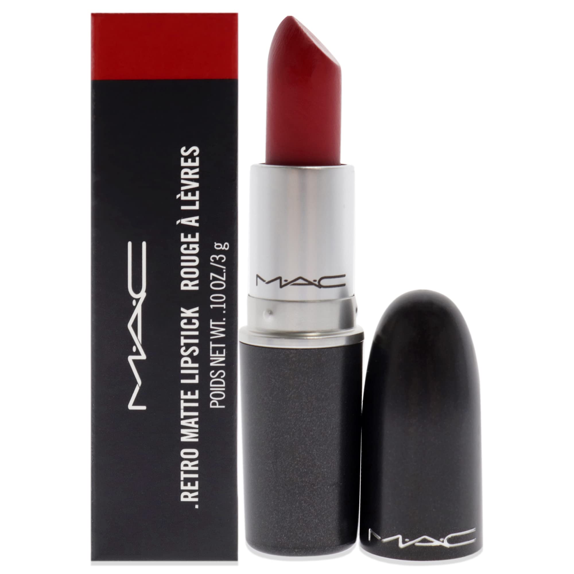 MAC Ruby Woo front view showing sleek packaging and classic red