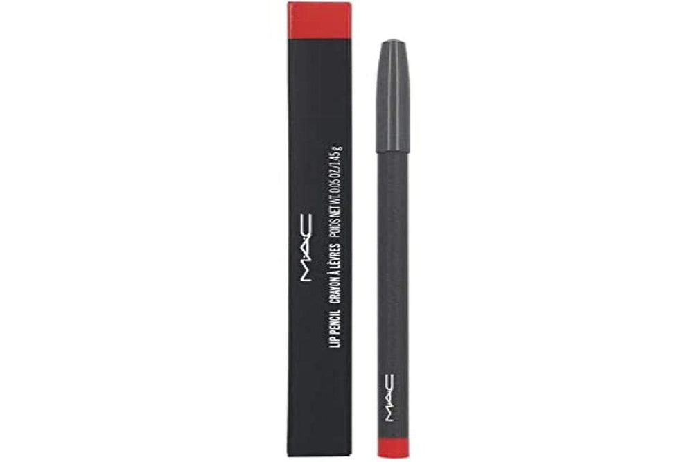 MAC lip pencil Ruby Woo front view showing packaging and accurate application benefit
