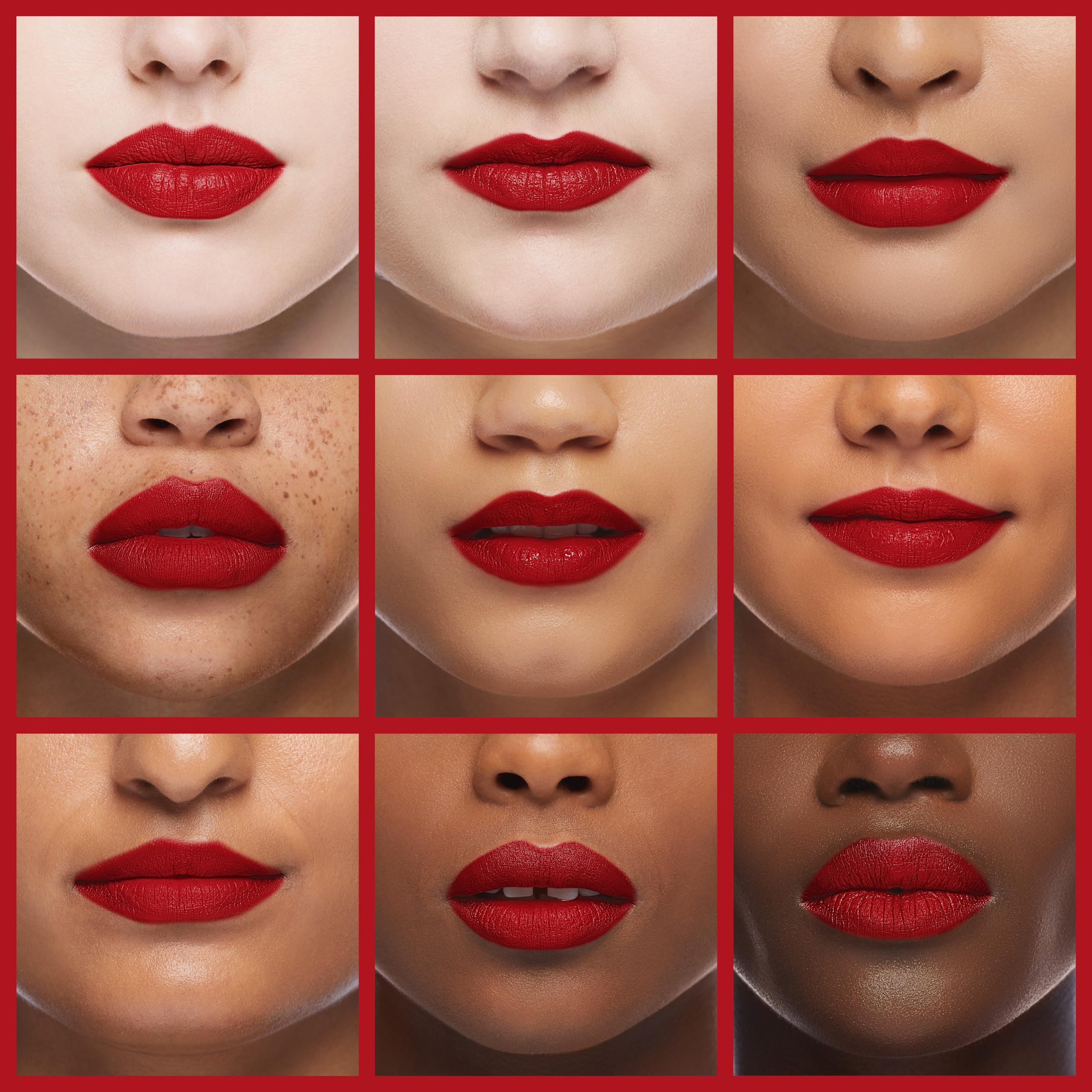 MAC Ruby Woo applied on lips demonstrating vivid bluish-red and defined, non-shiny finish