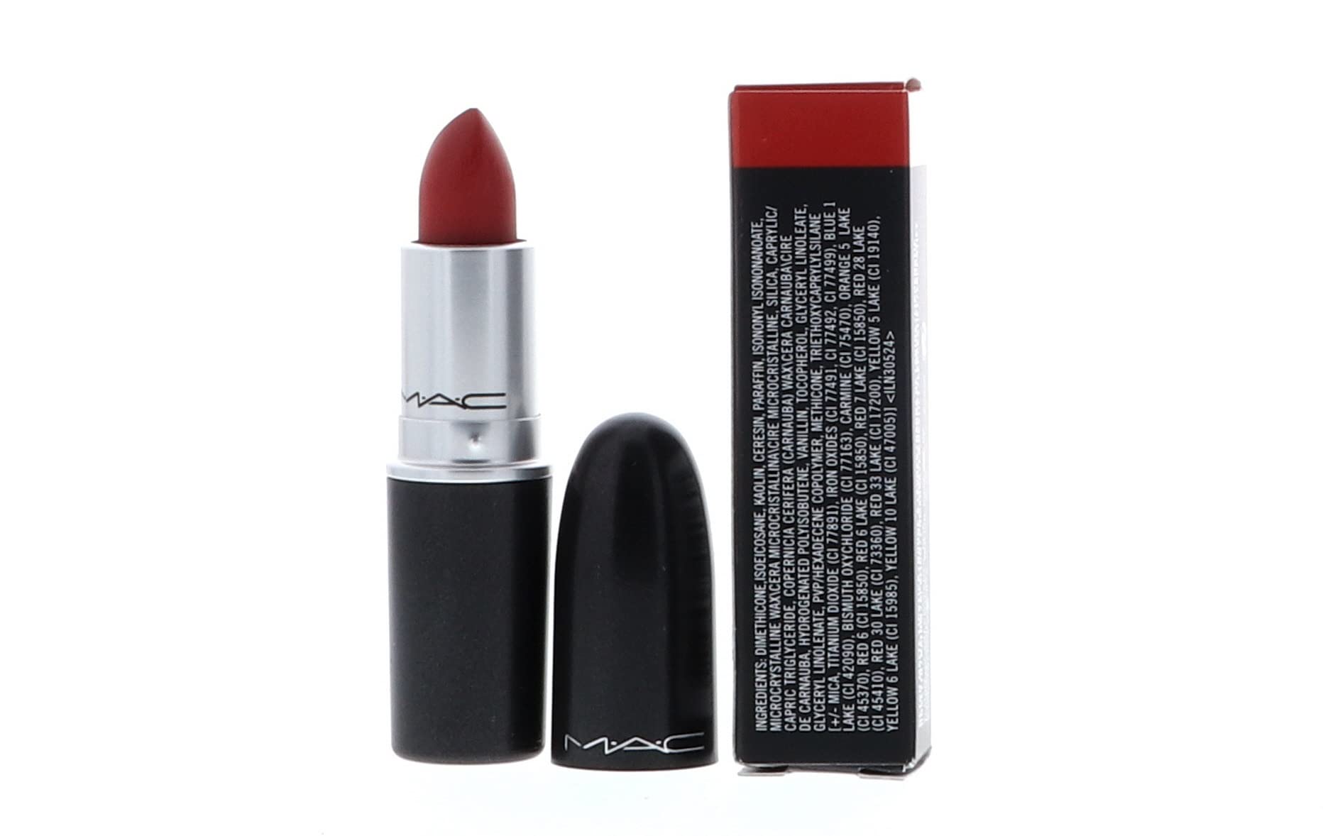 MAC Ruby Woo texture swatch on skin showing rich matte pigmentation and smooth coverage