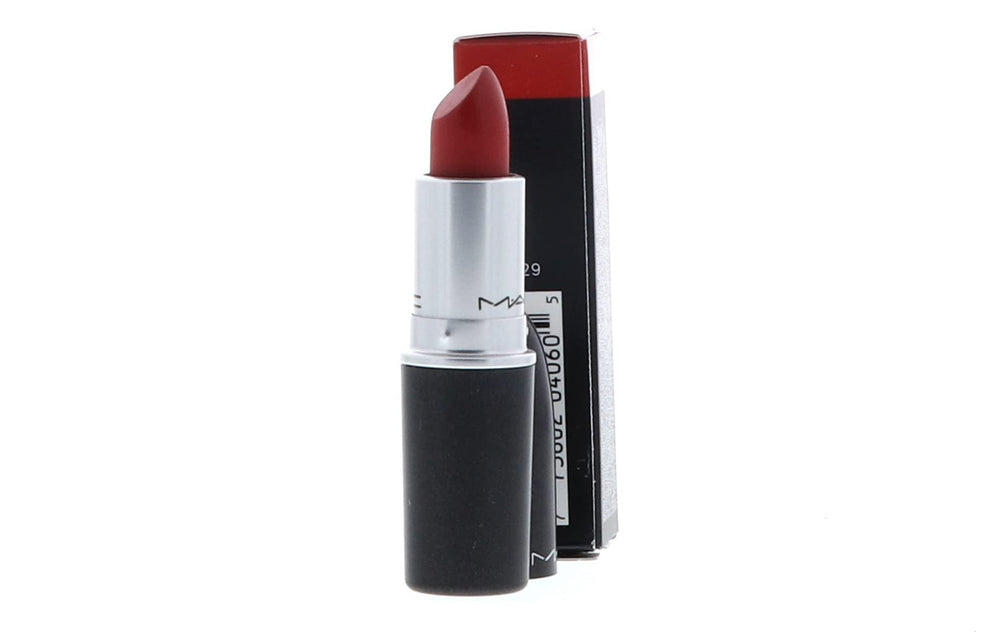 MAC Ruby Woo tube close-up focusing on embossed logo and precise bullet shape for control