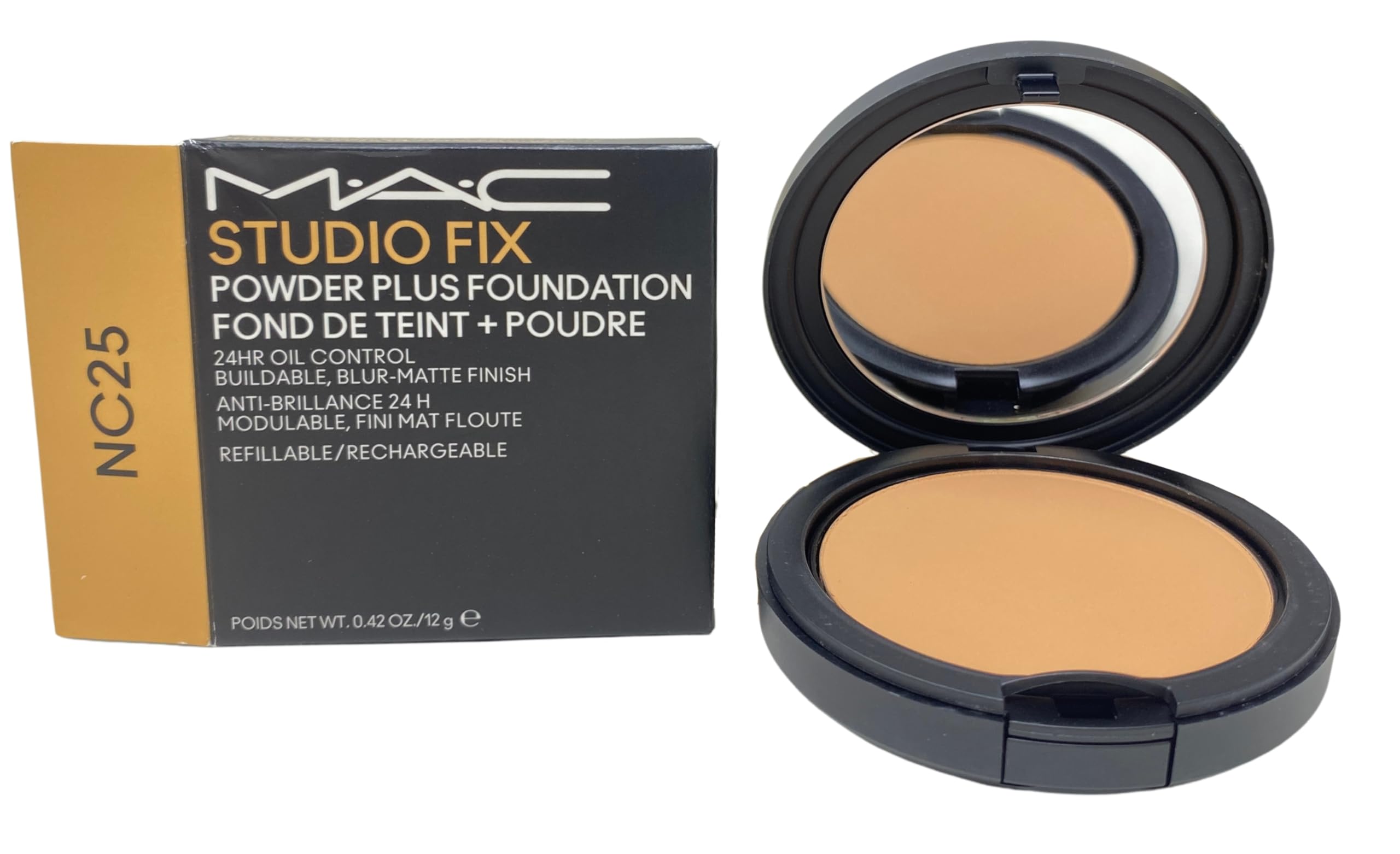 M·A·C Studio Fix compact front view showing shade NC25 and packaging benefit