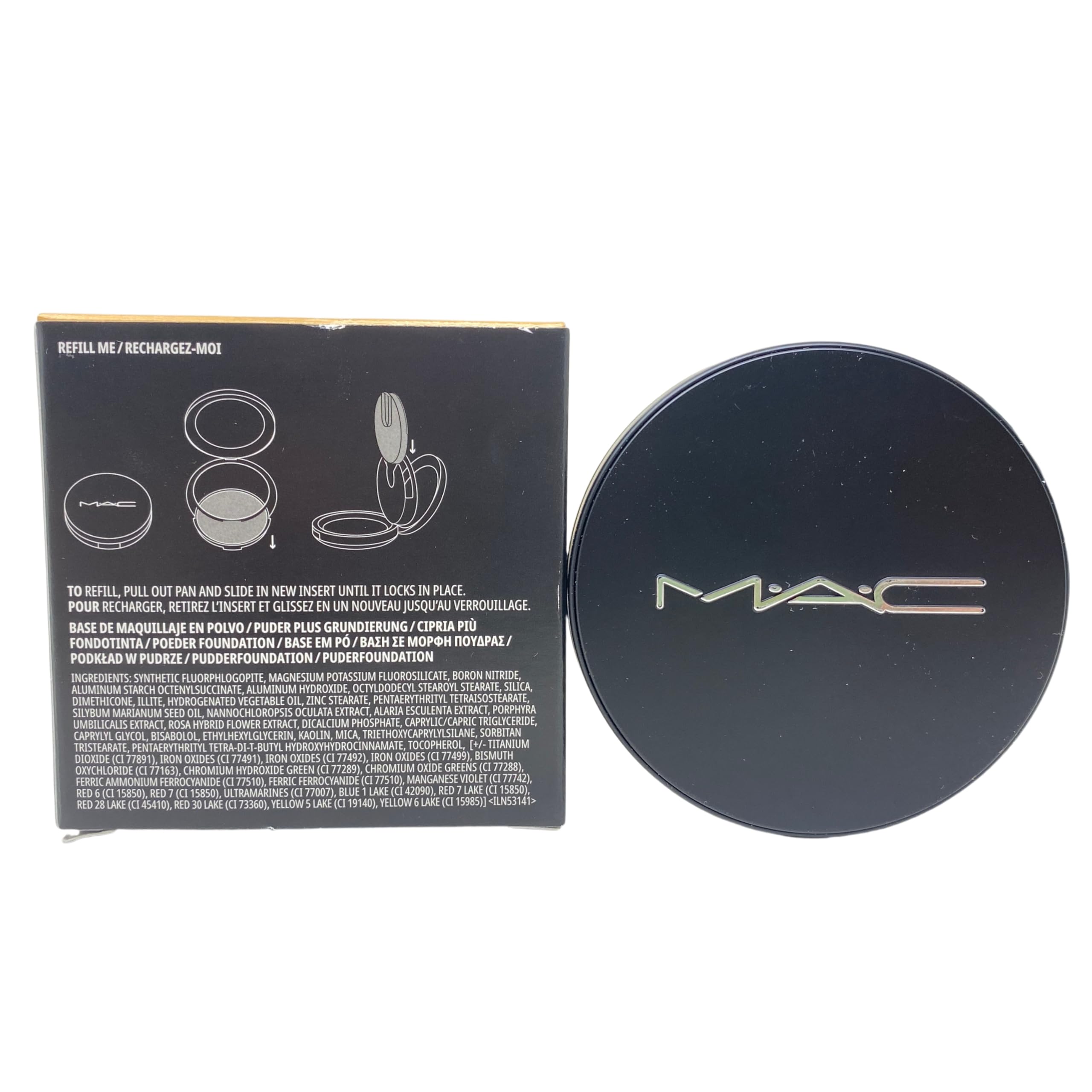 M·A·C compact held in hand illustrating size and convenient touch-up benefit