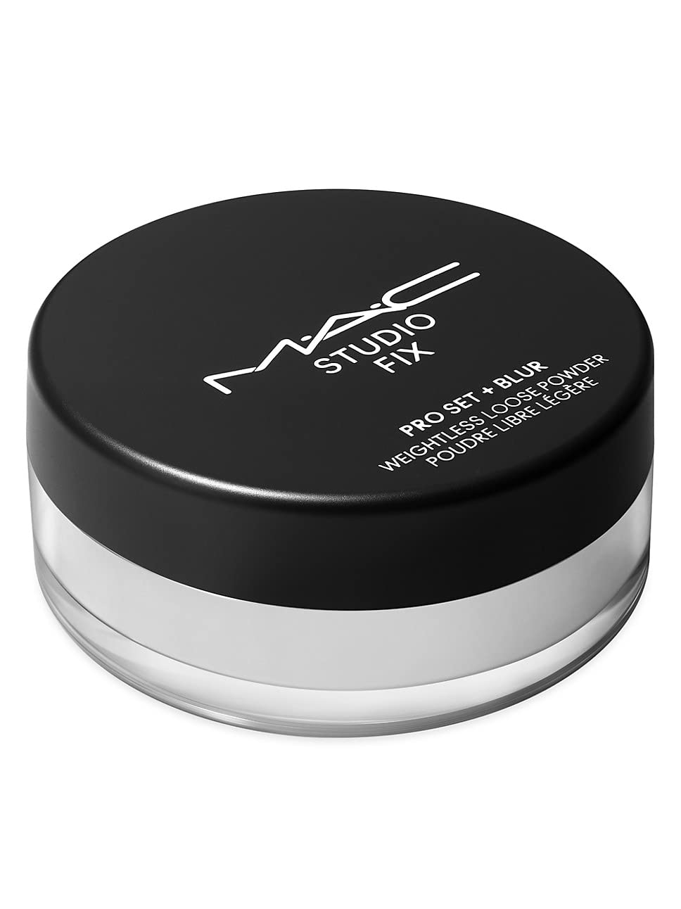 MAC front packaging of Studio Fix Pro Set Plus Blur Weightless Loose Powder shows compact travel-ready design