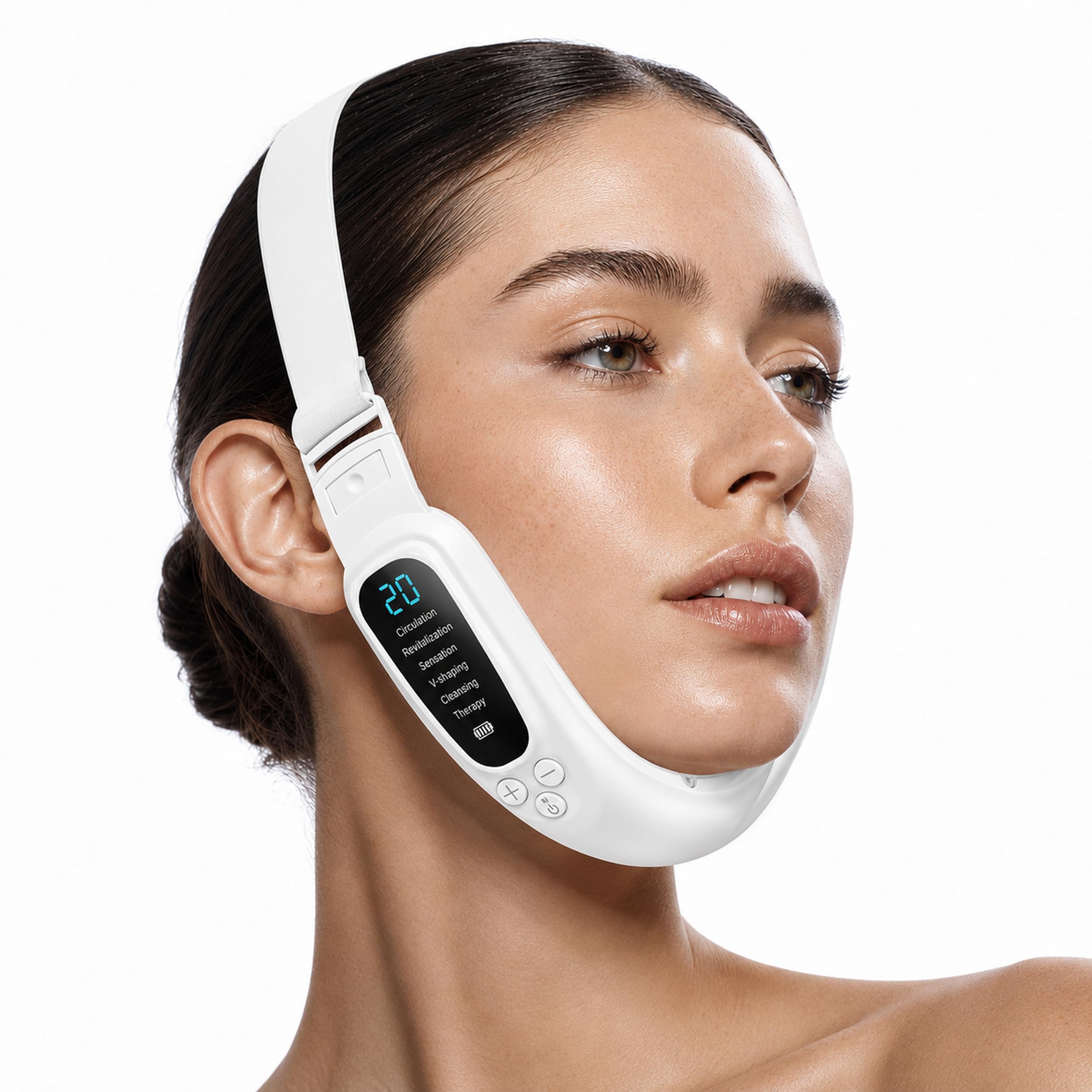 Machoo front view device showing chin support and comfortable fit benefit