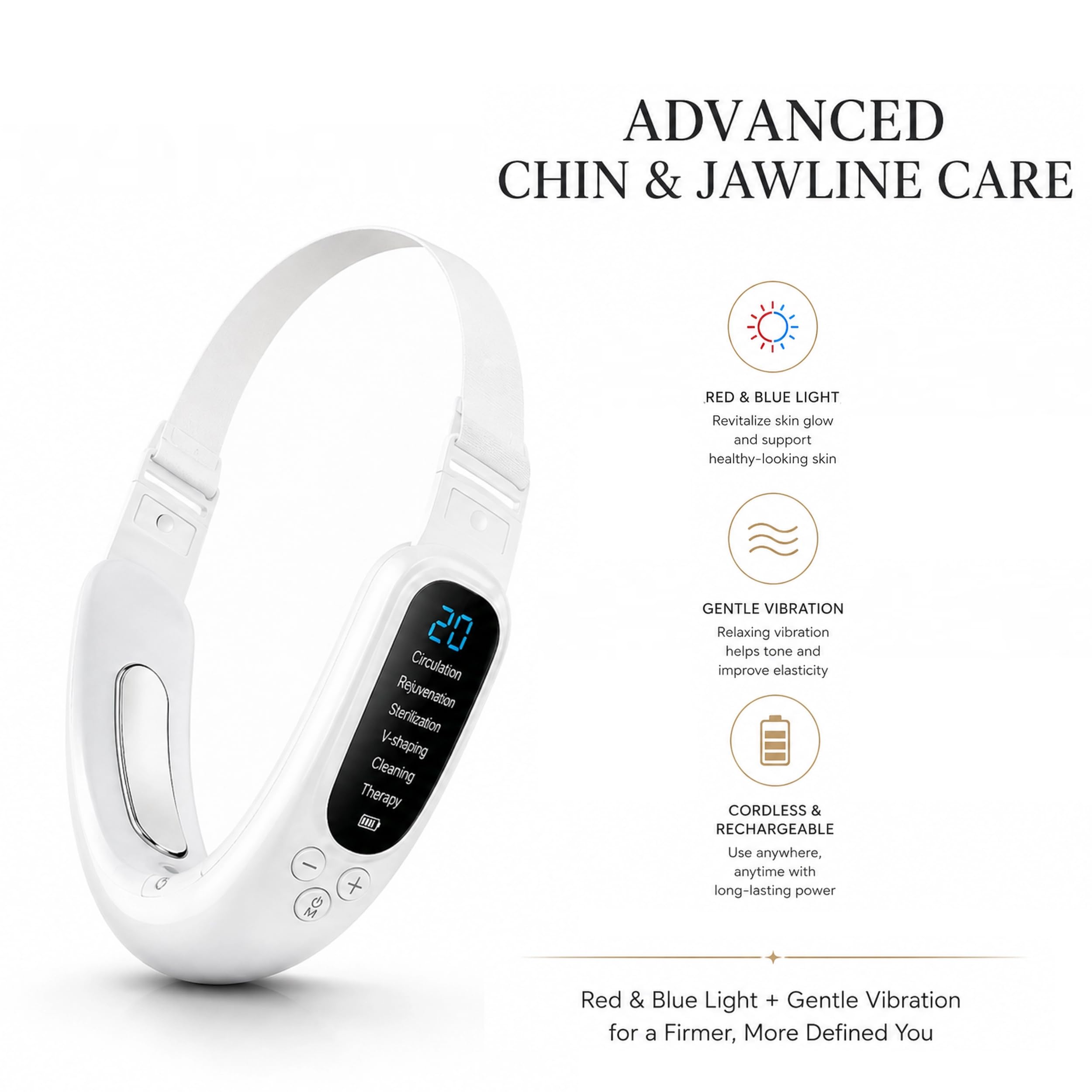 Machoo side profile on model demonstrating jawline placement and hands-free ease