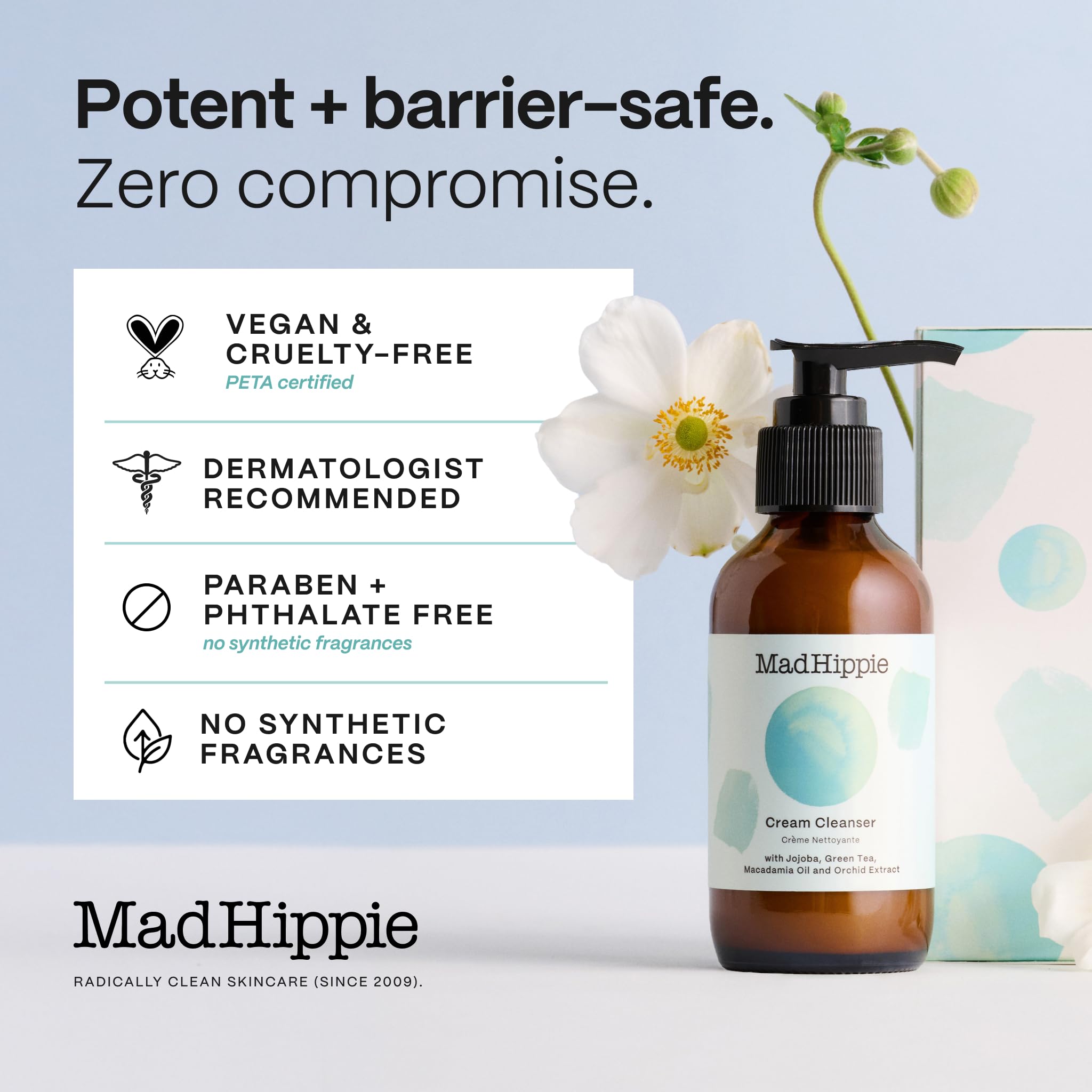 Mad Hippie product label close-up showing ingredient transparency and clean formulation