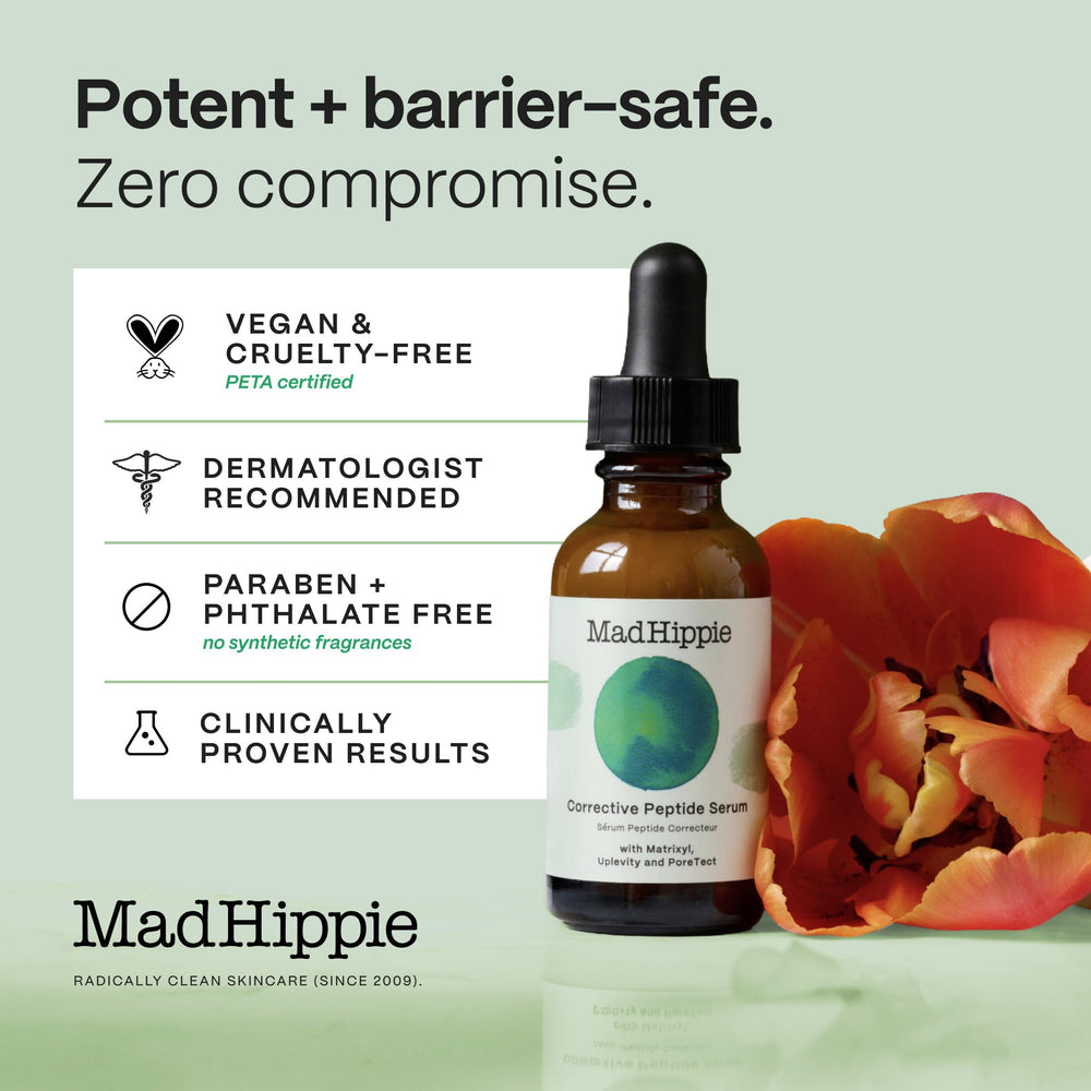 Mad Hippie serum with ingredient visuals highlighting peptide and ceramide benefits