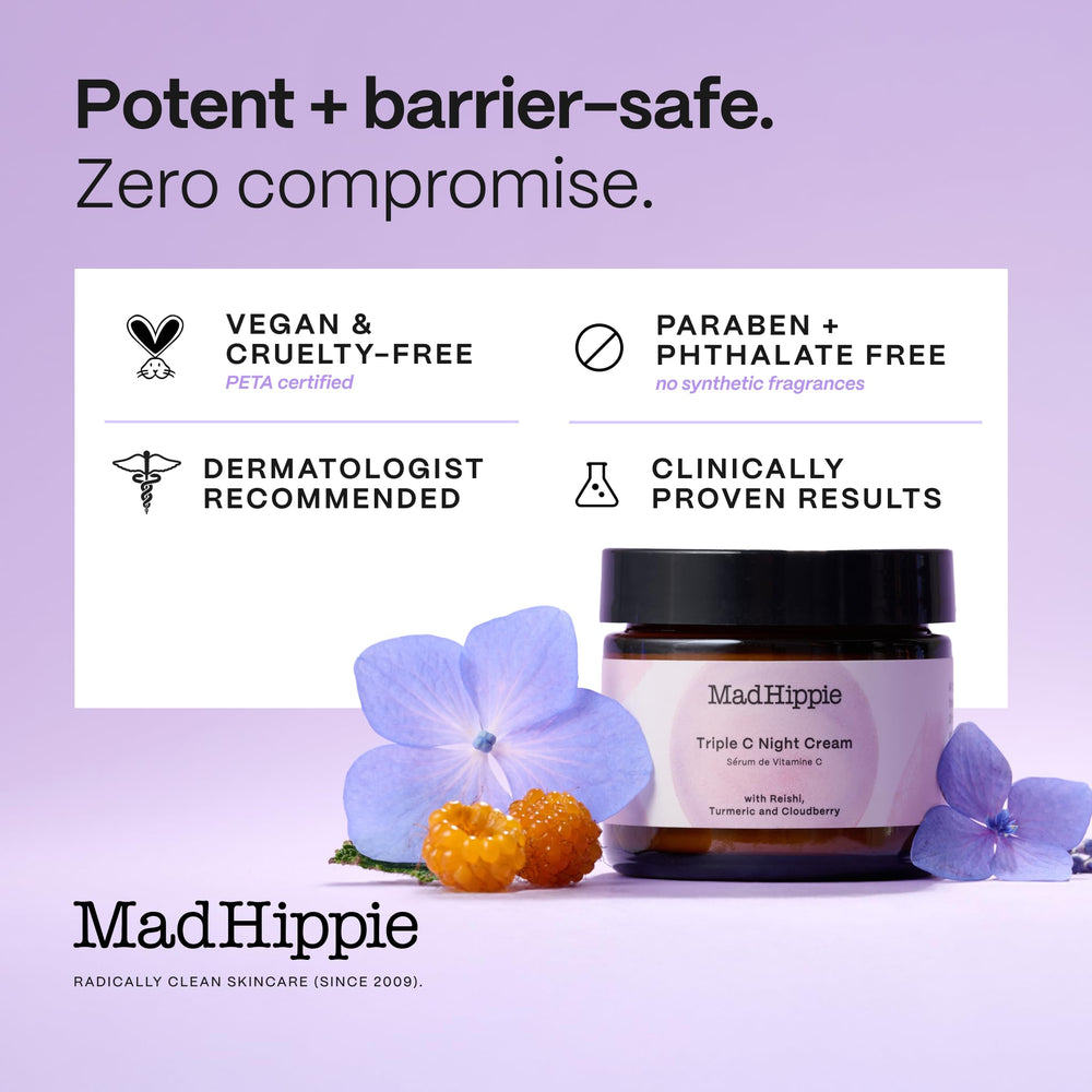 Mad Hippie Triple C on bedside table lifestyle shot suggesting nighttime routine support