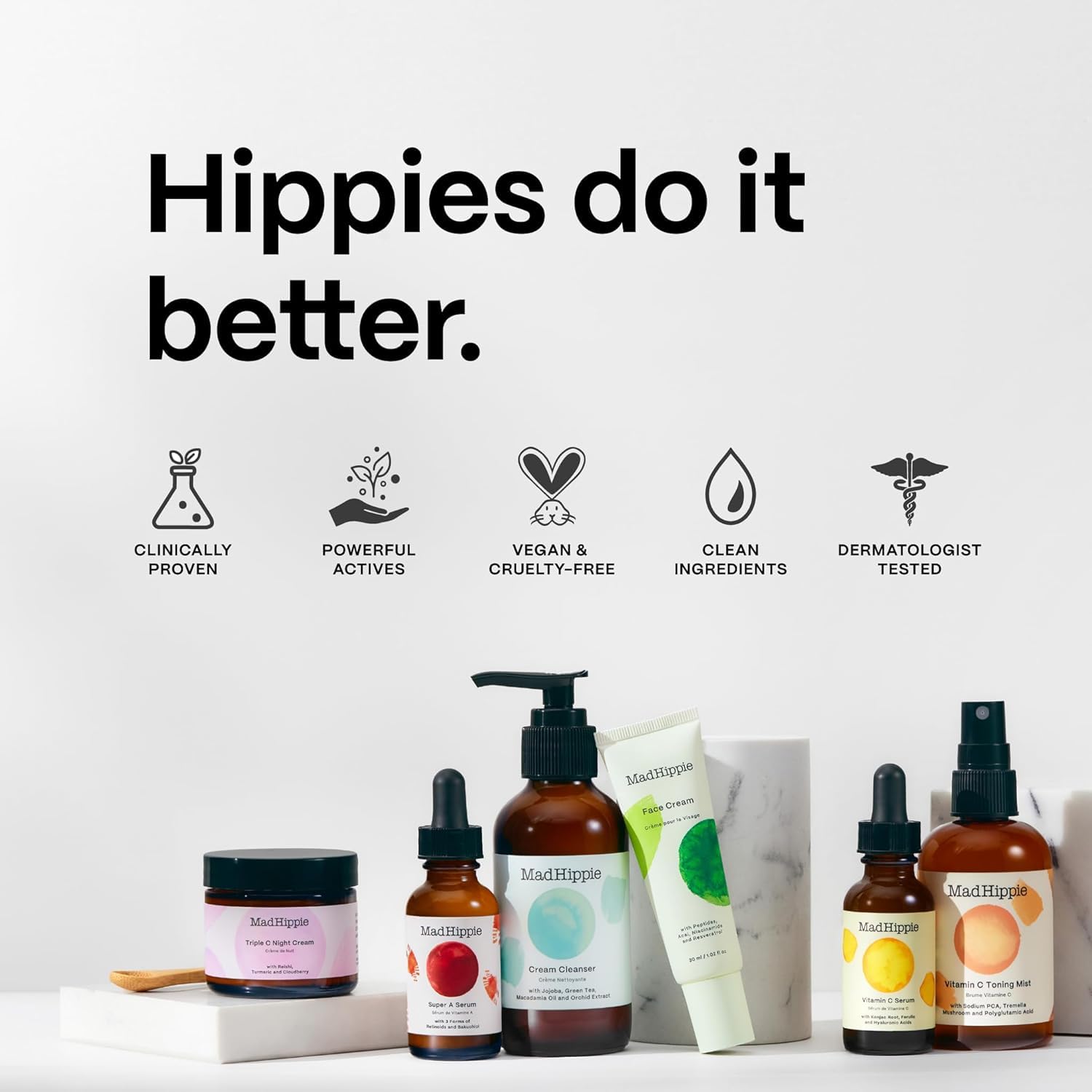 Mad Hippie botanical ingredients displayed to show plant-powered formula