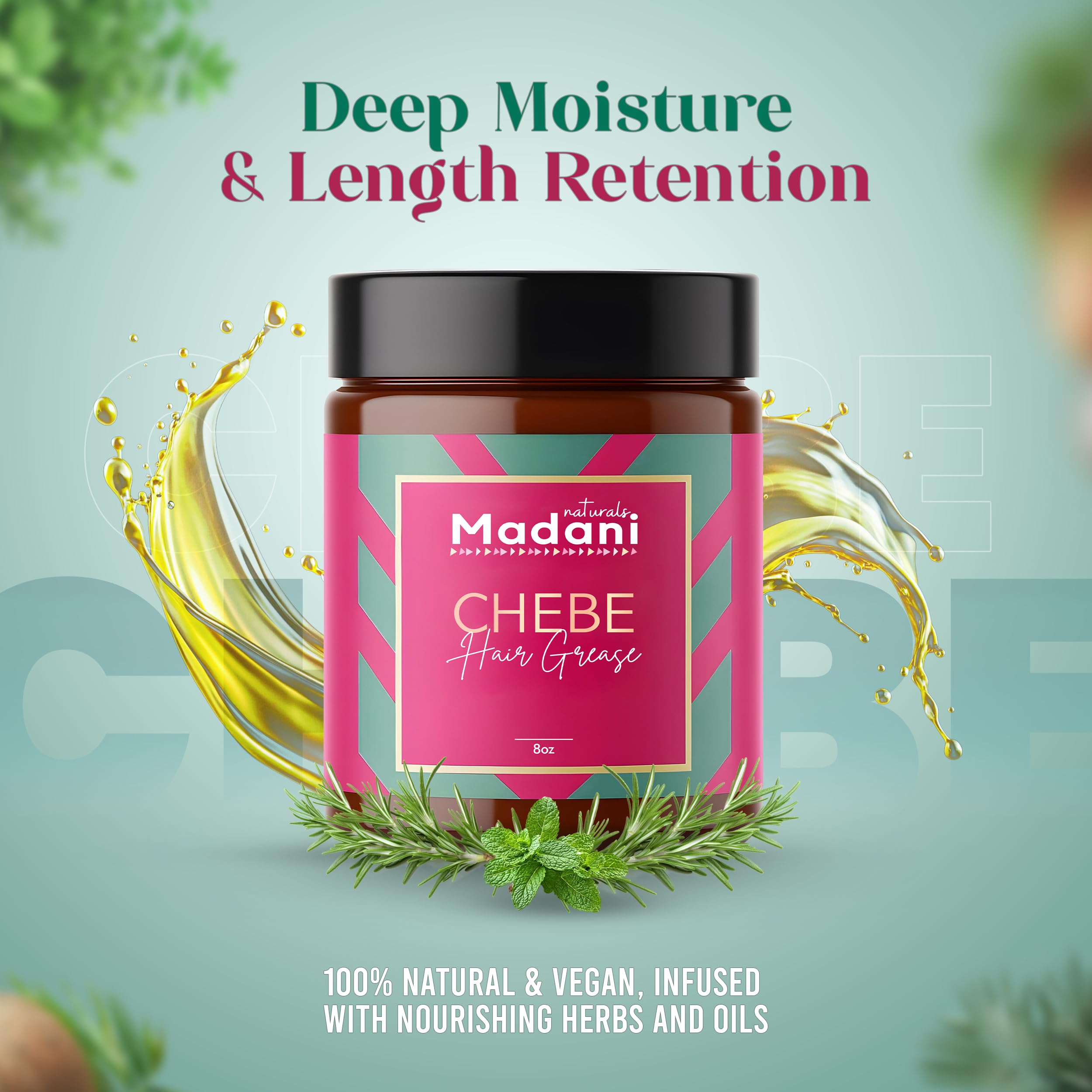 Madani Naturals ingredients flatlay with Chebe powder and botanical oils for nourishment