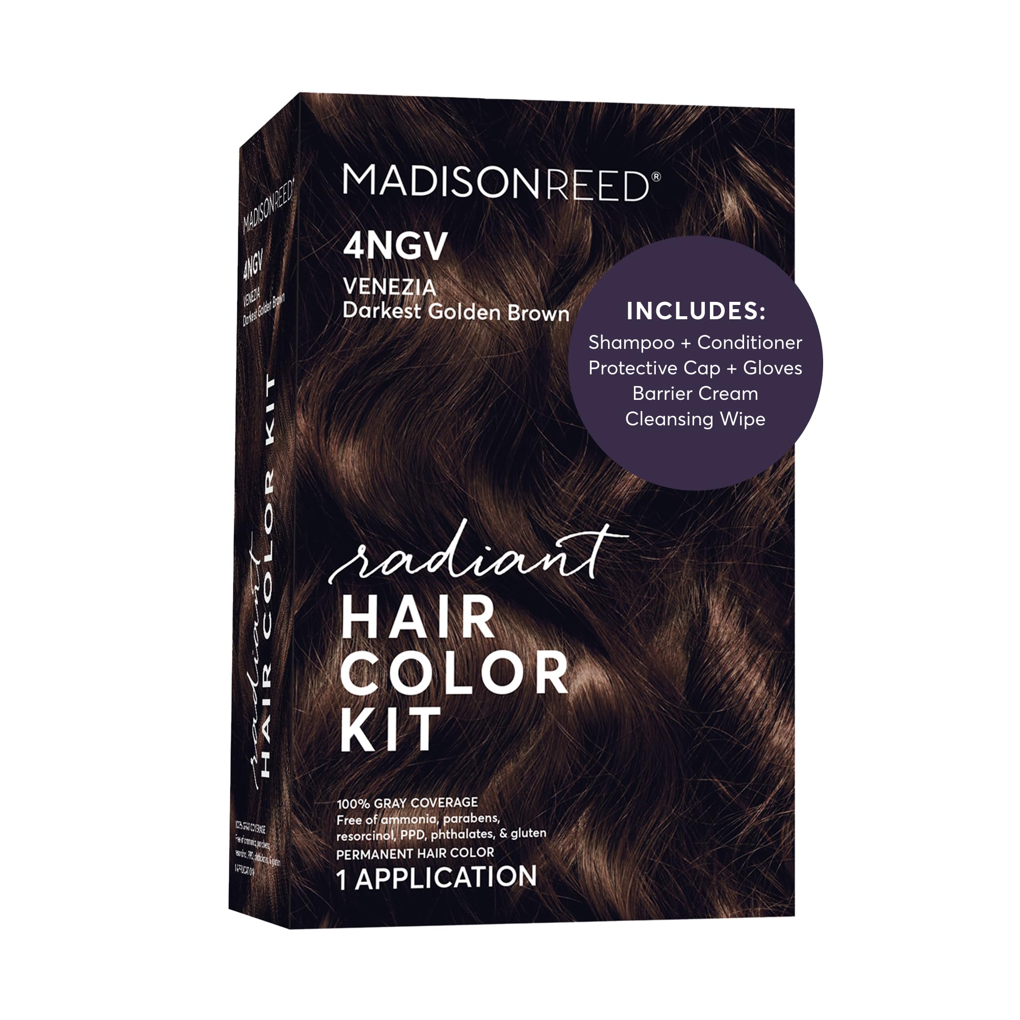 Madison Reed front packaging showing 4NGV shade and kit contents benefits