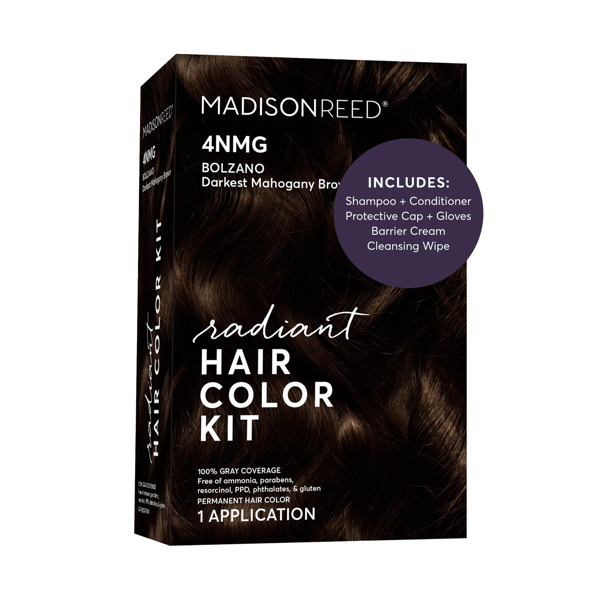 Madison Reed front box showing shade 4NMG and clear benefit