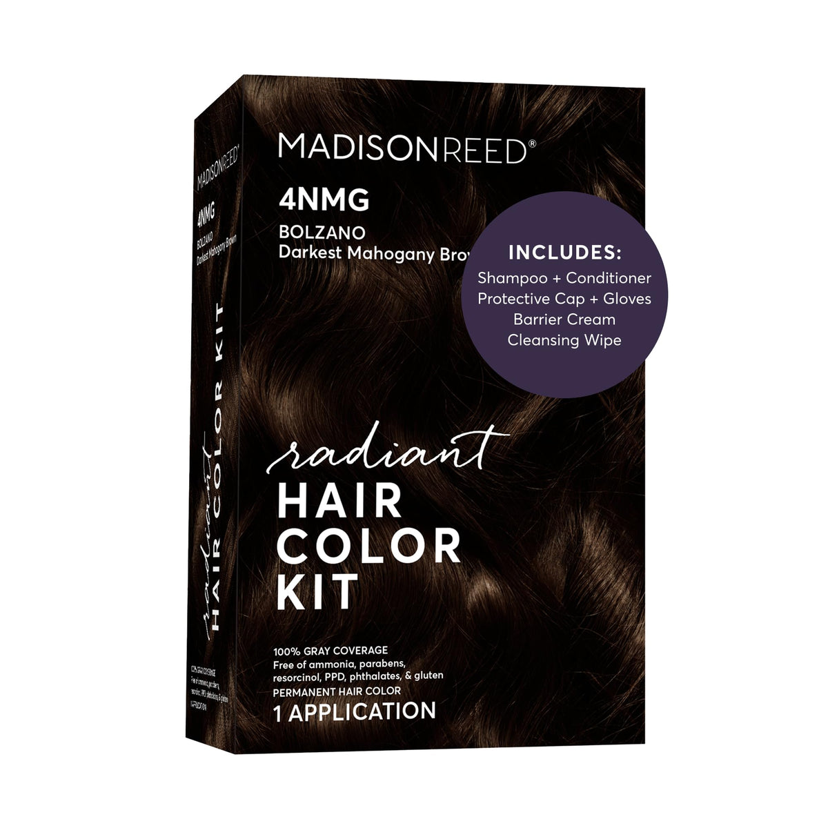 Madison Reed front box showing shade 4NMG and clear benefit