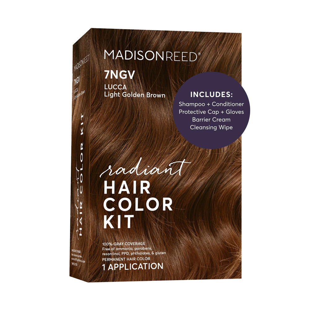 Madison Reed front packaging showing shade 7NGV Light Golden Brown and benefits