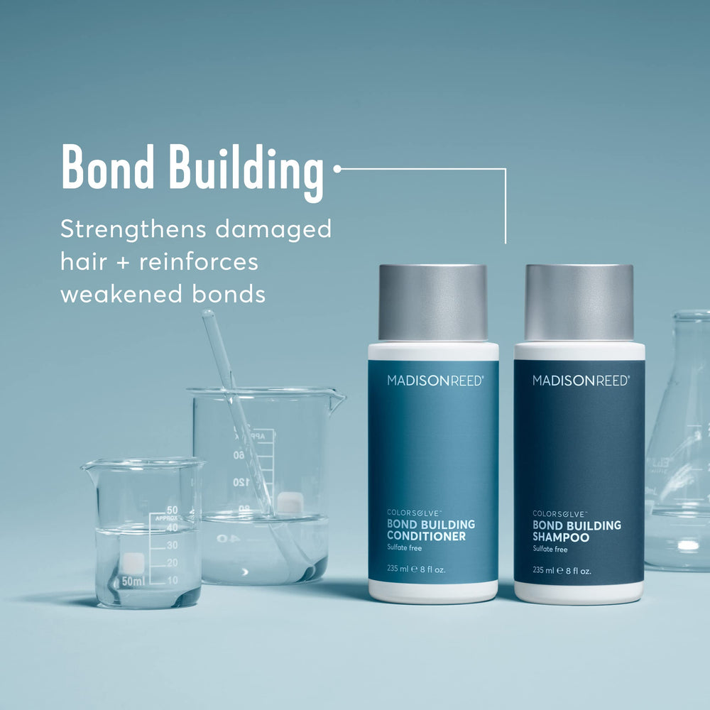 Madison Reed bottle on bathroom shelf styled for everyday routine benefit