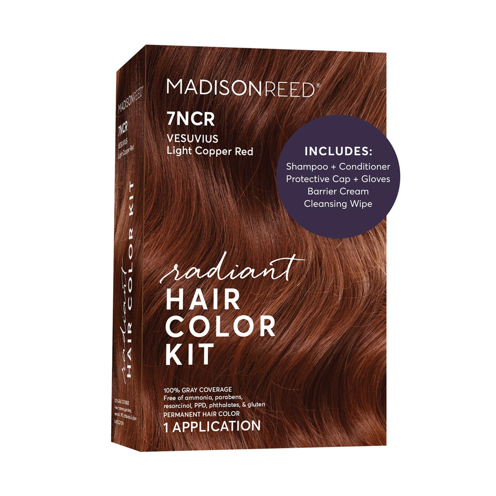 Madison Reed boxed kit front view showing Light Copper Red and benefits