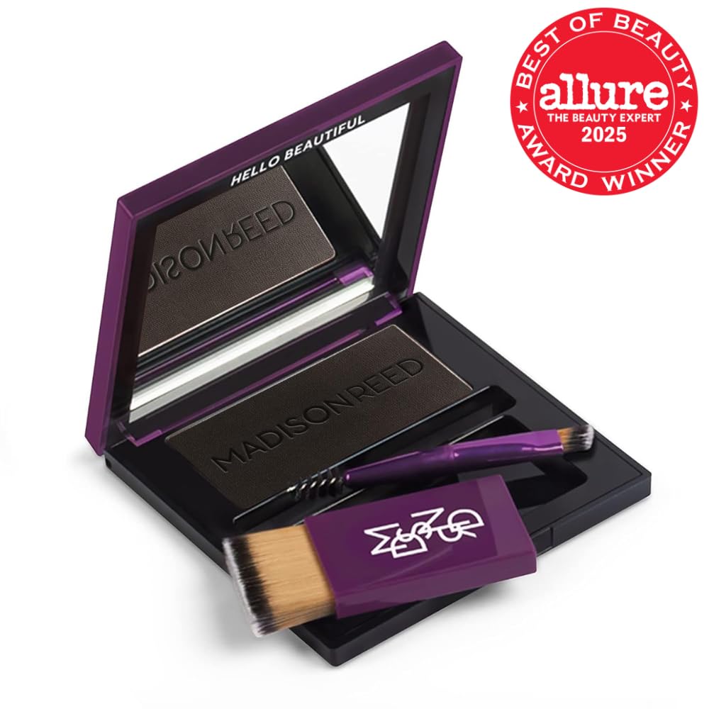 Madison Reed compact open to reveal pressed black powder pan for precise coverage