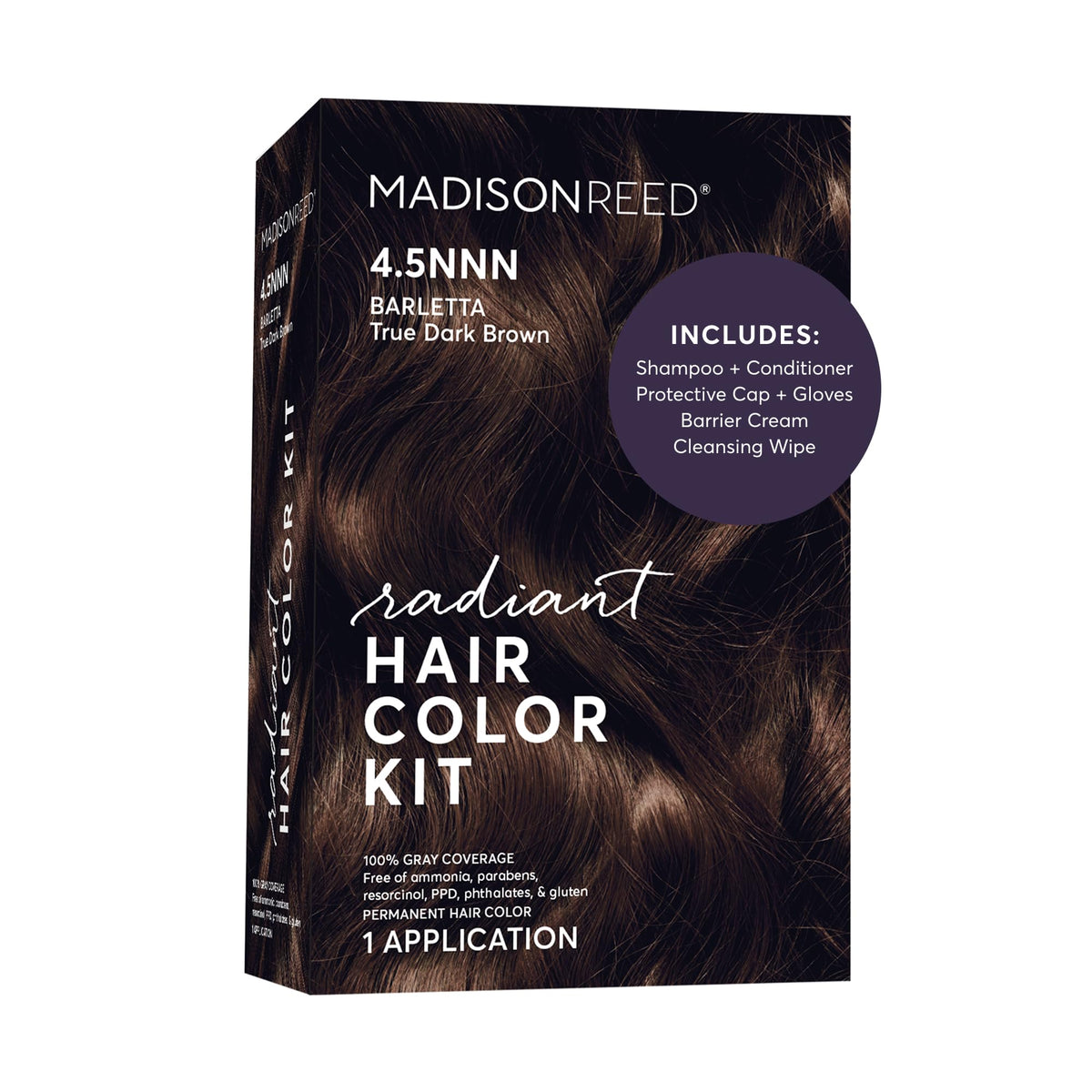 Madison Reed front box for 4.5NNN darkest brown showing clear shade and benefit