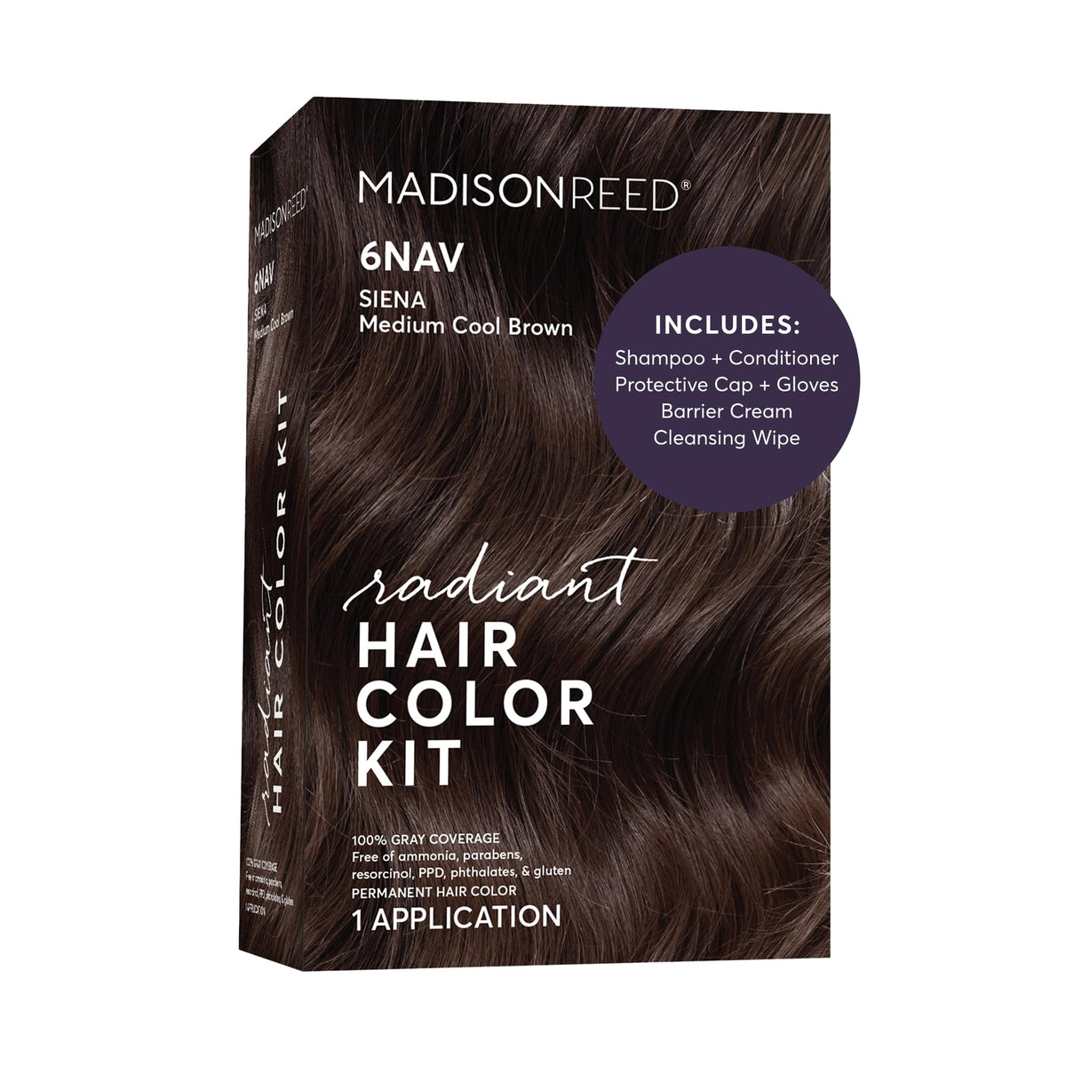 Madison Reed front box showing 6NAV medium cool brown shade and clear benefit