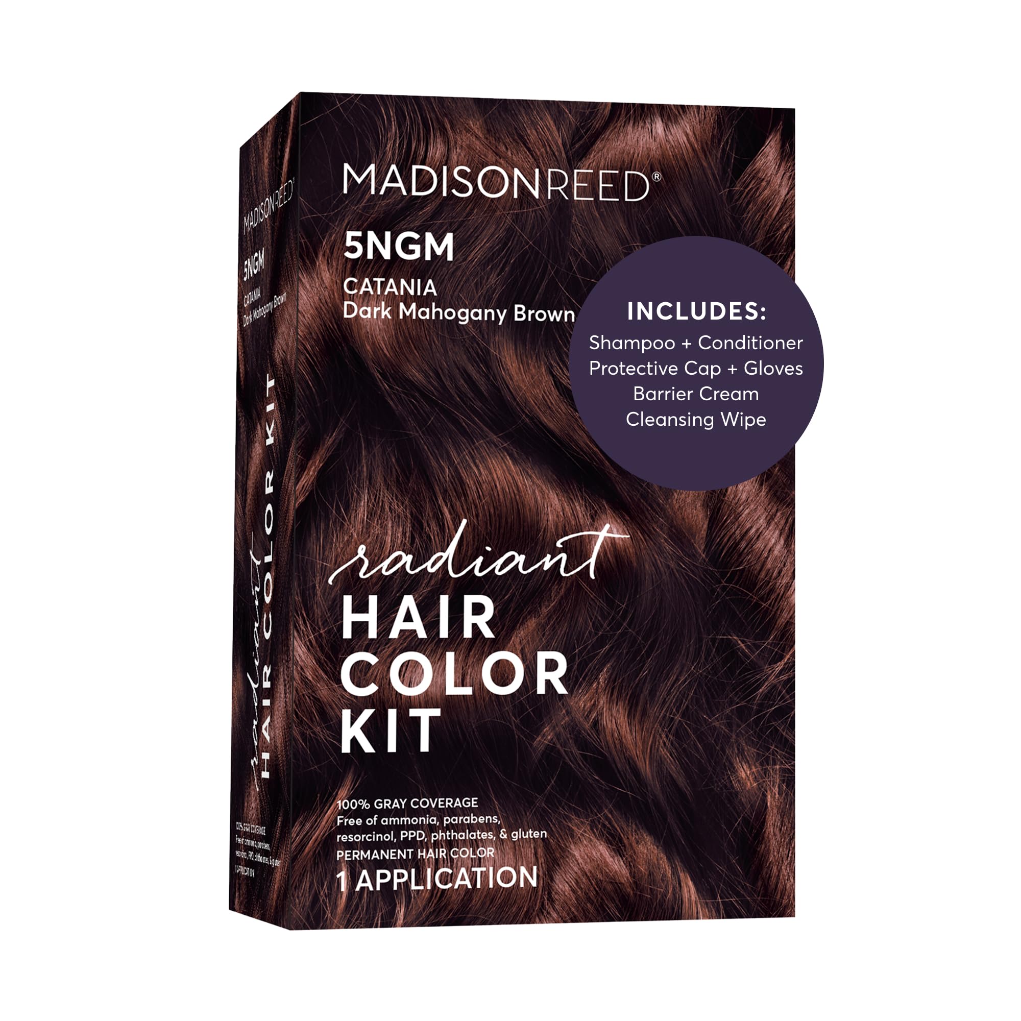 Madison Reed front packaging showing 5NGM dark cinnamon brown and benefits