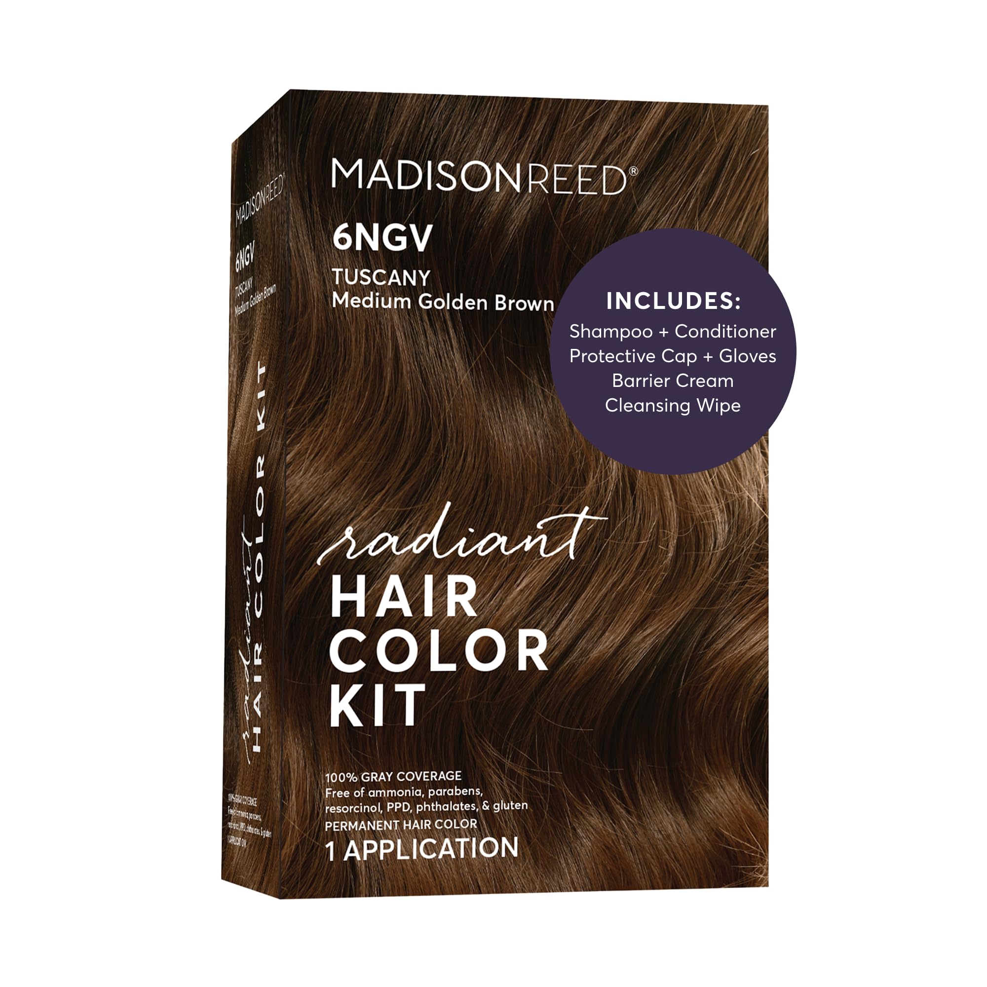 Madison Reed front packaging for 6NGV medium golden brown shows kit benefits