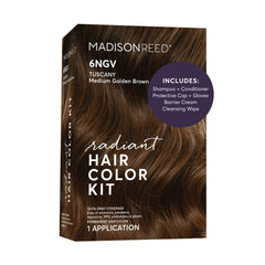 Madison Reed front packaging for 6NGV medium golden brown shows kit benefits