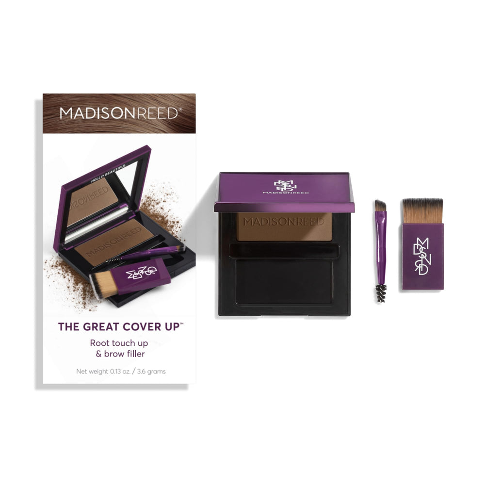 Madison Reed compact staged in a lifestyle bag for on-the-go touch-ups