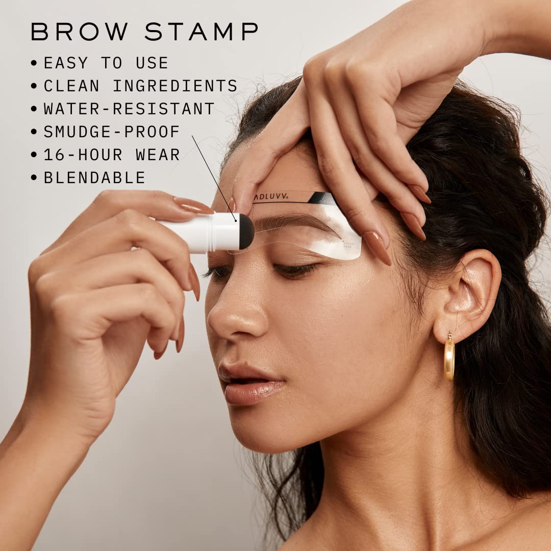 MADLUVV model applying brow stamp during morning routine for time-saving styling